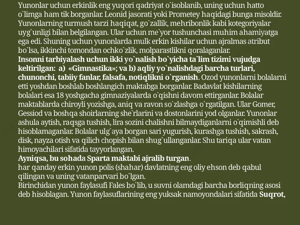 ri baland olimp tog`larida yashaganlar va badavlat kishilarday hayot kechirganlar. ular ham odamlar kabi shuhratparas, hokimiyatparas, shafqatsiz va qasoskor bo`lganlar. yunon xuodlarining odamlaridan farqlari shundaki, birinchidan ular umrboqiy, ikkinchidan, ular gefesdan tashqari go`zal va qaddi qomati kelishgan bo`lishgan. yunon xudolari ham sevishgan, xursand yoki g`amgin, g`azabli holatlarida nomoyon bo`lganlar. erdagi ayollar bilan xudolar qovushuvidan qahramonlar dunyoga kelganlar. yunonlar o`z xudolariga ishonishgan, sig`inishgan, ularga atab ibodatxonalar qurishgan va qurbonliklar qilishgan. lekin yunonlarda xudolarga ko`r-ko`rona sajda qilish, mutaassiblik darajasida bo`lmagan. masalan, prometey xudolar irodasiga qarshi odamlarga osmondan lolovni o`g`irlab olib tushib bergan (prometey afsonasidan). yunonlar mifologiyasida birgina xudolarni emas, erdagi insonlarni ham ulug`laganlar. bunga sofoklning «dunyoda buyuklar ko`p. lekin, insondan boshqa tabiatda kuchlisi yo`q», yoki arixmedning «menga tayanch nuqtasini topib beringlar, men duyoni otin-ustun qilib tashlayman» degan iboralarini misol tariqasida keltirish mumkin. qadimgi yunon madaniyati 5 ta davrga bo`linadi: egey madaniyati (er. avv. 2800-1100yillar). gomer davri (er. avv. xi-ix asr); arxaik madaniyat …