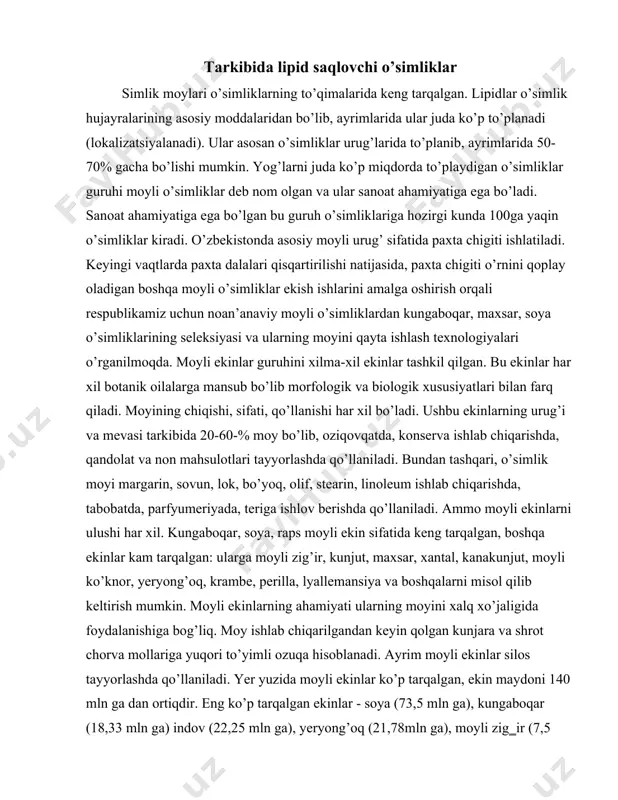 arning moyini xalq xo’jaligida foydalanishiga bog’liq. moy ishlab chiqarilgandan keyin qolgan kunjara va shrot chorva mollariga yuqori to’yimli ozuqa hisoblanadi. ayrim moyli ekinlar silos tayyorlashda qo’llaniladi. yer yuzida moyli ekinlar ko’p tarqalgan, ekin maydoni 140 mln ga dan ortiqdir. eng ko’p tarqalgan ekinlar - soya (73,5 mln ga), kungaboqar (18,33 mln ga) indov (22,25 mln ga), yeryong’oq (21,78mln ga), moyli zig‗ir (7,5 mln ga), kunjut (6,75 mln ga). moyli ekinlar aqsh, kanada, hindiston, braziliya, argentina, xitoy, pokiston, rossiya, moldova, ukrainada tarqalgan. o’zbekistonda moyli ekinlardan maxsar, kungaboqar, kunjut, yeryong’oq, moyli zig’ir va soya ekilmoqda, qadimdan kunjut, zig’ir, indov, maxsar urug’i, paxta chigiti, meva danaklaridan o’simlik moyi olingan. ayrim o’simlik moylari (kastor, zaytun, bodom va boshqalar) tibbiyot va kosmetik preparatlar tayyorlashda muhim ahamiyatga ega. moyli urug’lardan olinadigan oqsil moddalari odam va hayvon ozuqasining biologik qiymatini oshiruvchi qo’shimcha sifatida ishlatiladi. moyli urug’lar urug’ va meva po’stlari asosan sellyulozadan tashkil topganligi sababli spirt ishlab …