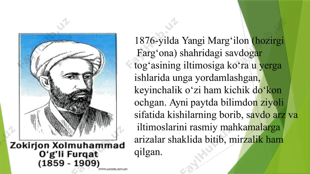 unib yetdi. xuddi shu yillarda yaratilgan «shoir ahvoli va she’r mubolag‘asi xususida» asarida furqat ijodkor va badiiy adabiyot xususida gap ochib, she’riyatda realistik tasvir masalasini ko‘tardi. 1891-yilning iyulida marv —ashxobod—boku—batumi orqali istanbulga bordi. do‘stlariga yozgan maktublarida, voqealarni oldindan bilgandek, vatanidan bir umr ajralib qoladigan odamning kayfiyatini aks ettirdi. masalan, istanbuldan yozgan «sabog‘a xitob» she’riy maktubida vatan ishtiyoqi, do‘stlar sog‘inchi, g‘urbat azoblari va yolg‘izlik motivlari birinchi o‘ringa chiqqan. furqat istanbuldan bulg‘oriya va yunonistonga o‘tdi. bolqon yarim orolining qator shaharlarida bo‘ldi. 1892-yilning martida istanbuldan o‘rta dengiz orqali arabistonga — makka, jidda, madina shahrilariga bordi. makkadagi haj ziyorati munosabati bilan «hajnoma» asarini yaratdi. so‘ng bombayga keldi, hindistonning qator viloyatlariga sayohat qildi. uning bu davrda yozgan nasriy va nazmiy maktublarida tushkunlik, ona yurt sog‘inchi va iztiroblari aks etgan. «adashganman» radifli hamda «kashmirda», «bulbul» deb nomlanuvchi lirik she’rlar turkumi shu jihatdan o‘ziga xos hijronnomadir. bir qamar siymoni ko‘rdim baldayi kashmirda, ko‘zlari masxuru yuz jodu erur …