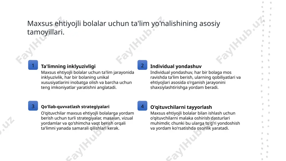 li metodlar va shaxsiy rejalashtirish misollarini o'z ichiga oladi. maxsus ehtiyojlar bilan bolalar uchun individualizatsiyalangan resurslar. 01 maxsus resurslar maxsus ehtiyojli bolalar uchun yaratilgan resurslar, o'z ichiga o'quv materiallari, texnologiyalar va yordamchi vositalarni oladi, ta'lim jarayonini yaxshilaydi. 02 ta'lim materiallari individualizatsiyalangan ta'lim materiallari, masalan, ko'rgazmali materiallar yoki interaktiv o'yinlar, o'quvchilarning qobiliyatlariga mos ravishda tayyorlanadi. 03 o'qituvchi qo'llanmalari o'qituvchilar uchun maxsus qo'llanmalar, bolalar bilan individual ishlash bo'yicha strategiyalarni o'z ichiga oladi, bu esa ta'lim jarayonini yanada samarali qiladi. inklyuziv ta'lim amaliyotlarining asosiy tamoyillari va yondashuvlari. 01 inklyuziv ta'lim tamoyillari inklyuziv ta'lim, har bir bolaga teng imkoniyatlar yaratishni maqsad qilib oladi. bu tamoyil, muammoli bolalar uchun qo'llab-quvvatlashni kuchaytiradi. 02 ta'limda har xil yondashuvlar barcha bolalar uchun ta'limda har xil yondashuvlar talab etiladi, bu esa individual ehtiyojlarni hisobga olishga imkon beradi va o'quv jarayonini yaxshilaydi. 03 jamiyatda inklyuzivlik inklyuziv ta'lim jamiyatda muammoli bolalar uchun qabul qilish va qo'llab-quvvatlash madaniyatini rivojlantiradi, bu esa ularning …