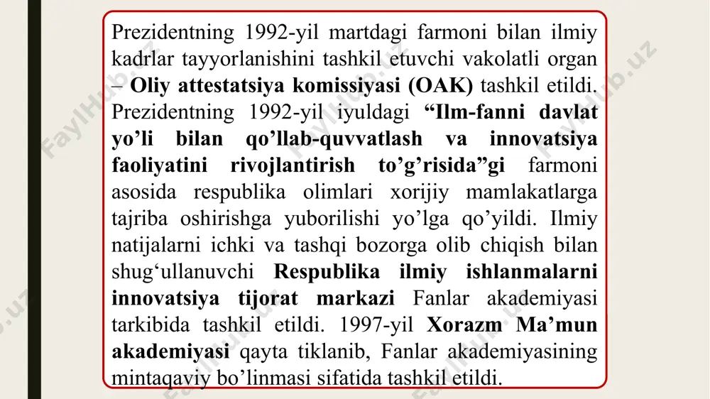 bekiston respublikasida ta’lim quyidagi turlarda amalga oshirilishi belgilandi: maktabgacha ta’lim; umumiy o’rta ta’lim; o’rta maxsus, kasb-hunar ta’limi; oliy ta’lim; oliy o‘quv yurtidan keyingi ta’lim; kadrlar malakasini oshirish va ularni qayta tayyorlash; maktabdan tashqari ta’lim. obrazets teksta vtoroy uroven tretiy uroven chetvertiy uroven pyatiy uroven 1996-yildan ta’lim olishda kontrakt-shartnoma to‘lovi joriy etildi. 1997-yilgi “ta’lim to’g’risida”gi qonunga muvofiq, 5 yillik oliy ta’limdan 4 yillik bakalavriat va 2 yillik magistratura bosqichlaridan iborat ikki pog’onali tizimga o’tildi. obrazets teksta vtoroy uroven tretiy uroven chetvertiy uroven pyatiy uroven birinchi bosqich (1997-2001- yillar)da mavjud kadrlar tayyorlash tizimining ijobiy salohiyatini saqlab qolish asosida ushbu tizimni isloh qilish va rivojlantirish uchun huquqiy, kadrlar jihatidan, ilmiy-uslubiy, moliyaviy-moddiy shart-sharoitlar yaratish vazifalari ro’yobga chiqariladi. ikkinchi bosqich (2001-2005-yillar)da milliy dastur to’liq ro’yobga chiqadi, mehnat bozorining rivojlanishi va real ijtimoiy-iqtisodiy sharoitlarni hisobga olgan holda unga aniqliklar kiritiladi. obrazets teksta vtoroy uroven tretiy uroven chetvertiy uroven pyatiy uroven uchinchi bosqich (2005 - va undan …