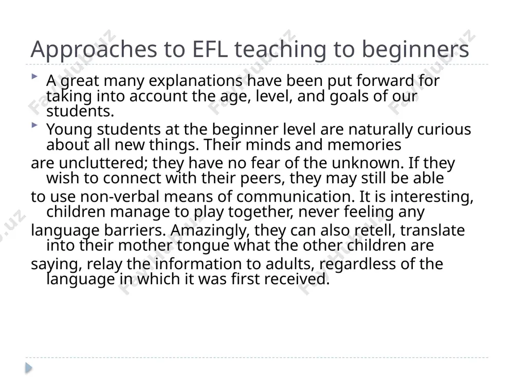 iarities based on psychophysiology of their age. psychologists assert that preschoolers’ perception, memory and attention are involuntary . children cannot regulate their perception and analyze an object. schoolchildren’s attention is drawn by bright objects. their concentration lasts as long as they are interested in the activity. therefore, the essential methods of teaching efl t o young learners are based on 3 principles: 1) role plays; 2)communicative methods; 3) total physical involvement involvement knowles suggests including adults in both the planning and development of instruction. by giving them a voice in what they learn, they will be more engaged. the same can be said for evaluation. by allowing students to offer feedback, both the teachers and the students can improve and stay engaged in the instruction. experience by using past personal experience as the foundation for learning activities, adult learners have a strong basis for new information. this includes both positive …