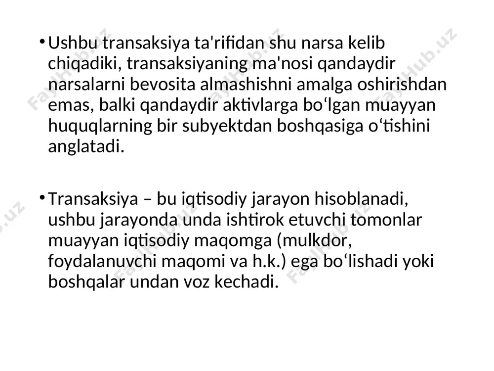 g huquqlarini belgilab beradi. * трансакция харажатлари – ахборотни йиғиш ва қайта ишлаш харажатлари, музокаралар олиб бориш ва қарорлар қабул қилиш, шартноманинг бажарилишини назорат қилиш ва юридик ҳимоялаш харажатларидир 2. трансакция ва трансформация харажатлари ва уларни таҳлил қилишга нисбатан коуз-уильямсон ва норд дуглас ёндашувлари * вarcha turdagi transaksiyalar quyidagi ikki qismdan iborat bo‘ladi. bitimlar tuzish. bu bosqichda xaridor sotuvchini topishi, narxlar haqida ma'lumotlar yig‘ishi, sifatni baholashi, sotuvchini tanlashi va u bilan bitim tuzishi kerak bo‘ladi. sotuvchi bozorda joy sotib olishi, mahsulot sifati nazoratini olib borishi va uzluksiz ravishda narxlar haqida axborot yig‘ishi lozim bo‘ladi. oldi-sotdi shartnomasini amalga oshirish. bu bosqichda xaridor tovar haqini to‘laydi, uni o‘z ixtiyoriga o‘tkazadi va tovar sifatini qayta baholaydi. * трансакция харажатлари назарияси доирасида ўтказиладиган тадқиқотларни қуйидаги гуруҳларга ажратиш мумкин: микро даражадаги трансакция ҳаражатлари деб юритилади. коуз – уильямсон ёндашуви норд дуглас ёндашуви макро даражадаги транформация ҳаражатлари деб юритилади. * ушбу таҳлил қилиш белгисига мувофиқ трансакция …
