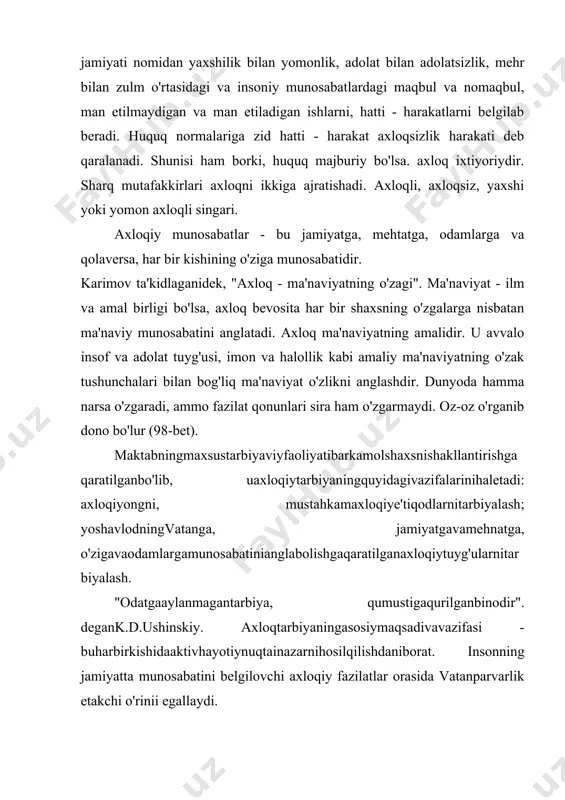 biyasiyakunlanganhisoblanadi» debhisoblaganibnsino. (a.irisov. ibn sio ma'rifatparvar adib. t: 1962 y. 10-bet). biror ishni qilishga qasd qilgan bo'lsang, butun zehning, butun vujuding bilan tirishib, bitirmaguncha undan qo'l tortma, - deb o'git qilgan amir temur. k.d.ushinskiy «tarbiyaning o'zi, agar kishining baxtli bo'lishini istasa, uni baxt uchun tarbiyalamasligi, balki hayotdagi mehnatga tayyorlashi kerak», - degan. umrni zoe etma, mehnat qil, mehnatni saodatning kaliti bil. (a.navoiy) mehnat tarbiyasi tarbiyaning tarkibiy qismini tashkil etadi. haqiqatdan ham, kishining eng birinchi, zaruriy ehtiyoji – mehnatdir. «buning uchun mehnat zarur, - deb uqtiradi beruniy, faqat aql-idrok va mehnatning jonlanishigina kishilar hayotini belgilab beradi». insonning asosiy burchi va vazifasi – mehnat qilishdir, chunki istalgan narsaga mehnat sarflash orqali erishiladi. a.n.forobiyinsono'zijtimoiyvazifasinibajarishuchununga, birinchidan, kundaliyhayotdaodamlarbilanmuloqotdabo'lishzarurligini, ikkinchidanesa, umehnatvakasb-hunarko'nikmalarinivaaxloqiyfazilatlarnihosilqilishilozimliginita'kidlaydi. va yana «har bir kishiga berkitilgan ma'lum bir ish bo'lishi kerak, toki u kishi o'ziga berkitilgan ishni kechiktirmasdan o'z vaqtida bajarsin», - deydi. (a.n.forobiy. risolalar. t., 1975 yil, 17-bet). ali abu ibn sino «kitob ush-shifo» …