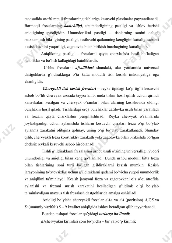 mlari soni; z1 – kesiluvchi g’ildirakning tishlari soni. bir kirimli frezaning barcha tishlari g’ildirak tishining profilini shakllantirishda qatnashadi. qirindi kanavkalari. frezani tayyorlash paytida chervyakning o’ramlarini kesib bo’linganidan so’ng qirindi kanavkalari frezalanadi va qirindi kanavkalari tishlarni oldingi yuzasi hamda qirindini joylashuvi uchun bo’shliq hosil qiladi. ularning kengligi keskichni joylashuvi uchun yetarli bo’lishi kerak. kanavkalar chervyak o’qiga paralel holda to’g’ri chiziqli (4-a rasm) yoki chervyak o’ramlari yo’nalishiga perpendikulyar holda vintli (4 -b rasm) bo’lishi mumkin. to’g’ri chiziqli kanavkali frezalarni tayyorlash oson bo’lib, ularni yig’ma frezalarning konstruktsiyasida ko’p qo’llaniladi. kamchiligi – yon kesuvchi qirralarining birida manfiy burchakning hosil bo’lishi. 4-a rasmda ko’rinib turibdiki, o’ng kirimli frezalarda oldingi burchaklari o’ng qirrada musbat ishoraga va chap qirrada manfiy ishoraga ega bo’lib, ular freza o’ramlarining ko’tarilish burchagiga teng bo’ladi, ya’ni γ1 =-γmo ; γ2 =+γmo . standart frezalarni vintli kanavka bilan tayyorlanadi. bunda oldingi burchaklar ikkala yon kesuvchi qirralarda bir hil, agar γв = 00 bo’lsa …