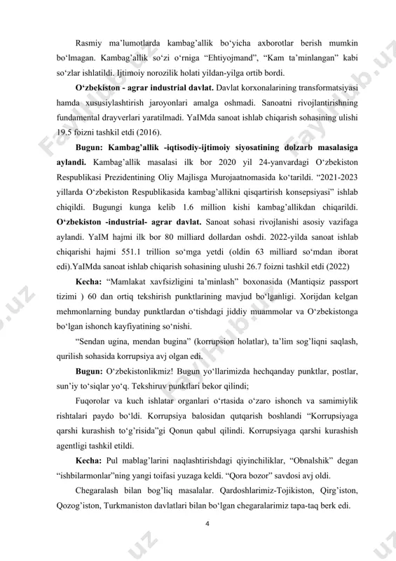 ishlarni har kuni o‘z hayotimizda, ko‘cha-ko‘yda, obod mahallalarda, oilalardagi to‘kislik muhitida, xalqimiz hamjihatligi ruhida sezamiz. “cotton campaign” xalqaro kaolitsiyasi tomonidan o‘zbekiston paxtasiga joriy qilingan boykot bekor qilindi. yangi tahrirdagi konstitutsiyaning 44-moddasida majburiy mehnat taqiqlandi. ta’lim sifati ijobiy tomonga o‘zgardi. kecha: “yopiq mavzu”lardan biri kambag’allik masalasi edi. rasmiy ma’lumotlarda kambag’allik bo‘yicha axborotlar berish mumkin bo‘lmagan. kambag’allik so‘zi o‘rniga “ehtiyojmand”, “kam ta’minlangan” kabi so‘zlar ishlatildi. ijtimoiy norozilik holati yildan-yilga ortib bordi. o‘zbekiston - agrar industrial davlat. davlat korxonalarining transformatsiyasi hamda xususiylashtirish jaroyonlari amalga oshmadi. sanoatni rivojlantirishning fundamental drayverlari yaratilmadi. yaimda sanoat ishlab chiqarish sohasining ulishi 19.5 foizni tashkil etdi (2016). bugun: kambag’allik -iqtisodiy-ijtimoiy siyosatining dolzarb masalasiga aylandi. kambag’allik masalasi ilk bor 2020 yil 24-yanvardagi o‘zbekiston respublikasi prezidentining oliy majlisga murojaatnomasida ko‘tarildi. “2021-2023 yillarda o‘zbekiston respublikasida kambag’allikni qisqartirish konsepsiyasi” ishlab chiqildi. bugungi kunga kelib 1.6 million kishi kambag’allikdan chiqarildi. o‘zbekiston -industrial- agrar davlat. sanoat sohasi rivojlanishi asosiy vazifaga aylandi. yaim hajmi ilk bor …