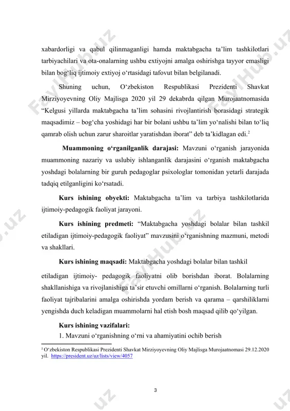 kreativlik qobiliyatining rivojlanishini, psixologik xususiyatlarini mukammal o‘rganish va hayotga tadbiq etgan holda jahon talablariga mos aqliy salohiyat egalari bo‘lib yetishishlariga ko‘maklashish. kurs ishining tuzilishi: kurs ishi kirish, 2 ta bob, 4 ta paragraf, xulosalar, foydalanilgan adabiyotlar ro‘yxati va ilovadan iborat. i-bob. “maktabgacha yoshdagi bolalar bilan tashkil etiladigan ijtimoiy-pedagogik faoliyat” mavzusini o‘rganishning nazariy ahamiyati 1.1. mavzuni o‘rganishning o‘rni sharq mutafakkirlarining merosida ta’lim tarbiya masalalari muhim oʻrin egallaydi. ayniqsa, ular oila va oilada farzand tarbiyasiga katta e’tibor berganlar. abu nasr farobiy, abu rayhon beruniy, kaykovus, alisher navoiy kabi mutafakkirlarning asarlarida oilada bola tarbiyasi masalalari va ularni hal etish yoʻllari koʻrsatib berilgan. abu nasr farobiyning fikricha bola tarbiyasi bir maqsadga qaratilgan holda olib borilmogʻi va u aqliy va axloqiy tarbiya birligidan iborat boʻlmogʻi lozim degan xulosaga kelgan. maktabgacha yoshdagi bolalarga ta’lim tarbiya berish masalalari abu ali ibn sino merosida yoritilganini koʻrishimiz mumkin. beruniy ota-onalarning bolalari bilan birga harakat qilishlari, turli oʻyinlar uyushtirishlari, ular …