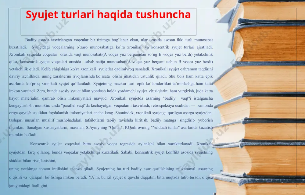 `quvchi diqqatini bitta nuqtada tutib turadi, o`qish jarayonidagi faolligini oshiradi. buning yorqin misoli sifatida detektiv asarlarni ko`rsatish mumkin. detektiv asarlarning aksariyatida syujet voqealari konkret hodisa atrofida aylanadi, o`quvchi xayolini shu hodisaning sabablarini, qay tarzda yuz bergani bilish istagi egallaydi, bu savollarga o`zicha javob izlaydi, o`zi topgan javobning qay darajada to`g`riligini bilmoqchi bo`ladi — bularning bari o`quvchini asarga bog`laydi qo`yadi. konsentrik syujet nisbatan qisqa vaqt ichida kechgan voqealarni qamrashi, yondosh syujet chiziqlarini kiritish imkoniyatlarining kamligi bilan ham harakterlanadi. sanalgan xususiyatlarni o.yoqubovning "muqaddas", "billur qandillar", "ulug`bek hazinasi" kabi asarlari misolida kuzatish mumkin. aytish kerakki, syujetlarni yuqoridagicha ikki turga ajratilsa-da, bu ikki turga xos xususiyatlar ko`proq aralash holda zuhur qiladi. zero, xronikali syujet voqealari orasida sabab-natija (oldin yuz bergan voqea keyin yuz bergan voqeaga qisman sabab bo`lib keladi) munosabati, konsentrik syujet voqealari orasida vaqt munosabati(natija sababdan keyin keladi) kuzatilishi tabiiy. demak, konkret asardagi syujet tipini belgilashda mazkur munosabatlarning qaysi biri yetakchi mavqega egaligi …