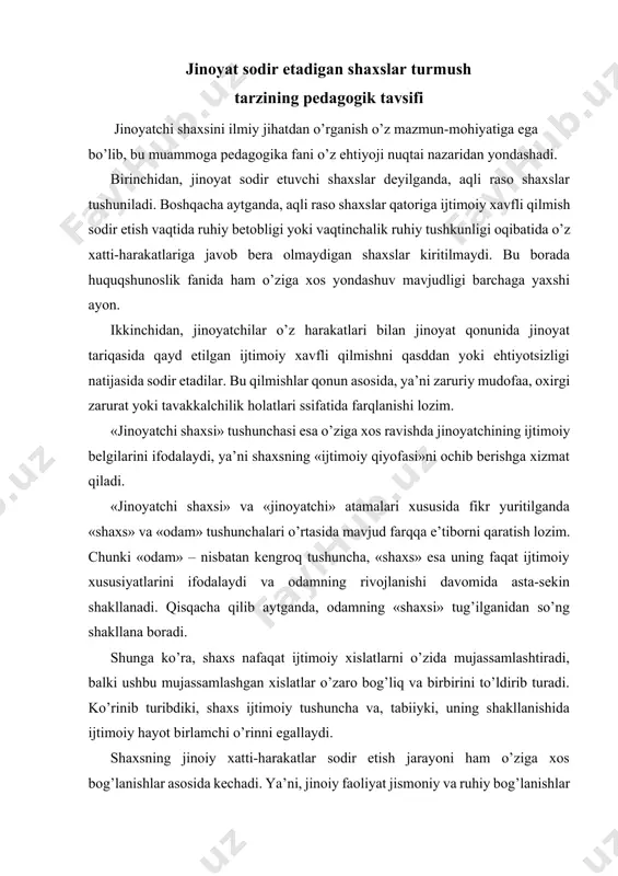 radi. ko’rinib turibdiki, shaxs ijtimoiy tushuncha va, tabiiyki, uning shakllanishida ijtimoiy hayot birlamchi o’rinni egallaydi. shaxsning jinoiy xatti-harakatlar sodir etish jarayoni ham o’ziga xos bog’lanishlar asosida kechadi. ya’ni, jinoiy faoliyat jismoniy va ruhiy bog’lanishlar hosilasidir. shuning uchun ham jinoyat sodir etuvchi shaxs o’z jismoniy imkoniyatlaridan kelib chiqqan holda jinoiy faoliyatni amalga oshiradi. masalan, talonchilik, qaroqchilik kabi jinoyatlarni sodir etishga ko’p hollarda o’z kuchi va imkoniyatlariga ishongan yoshlar jazm qiladilar. biroq, bu holat shaxsning maqsadi bilan ham uzviy bog’liqdir. yuqoridagilardan kelib chiqqan holda aytish mumkinki, jinoyatchilik ruhiypsixofizologik qilmish sifatida biror-bir toifaga kiritilmasligi lozim. jinoyat sodir etadigan shaxslarni oddiy fuqarodan farqlashda ularning maqsadlari, moslashishlari, ehtiyojlari, qiziqishlari, nuqtai nazarlari, ijtimoiy ko’nikmalari kabilar inobatga olinadi. bir so’z bilan aytganda, ijtimoiy hayot tarzi tufayli yuzaga kelgan ko’nikmalar shaxsning asosiy xususiyatlarini ifodalaydi. shuning uchun ham umumlashgan holda aytish mumkinki, kriminogen shaxslar jamiyatda yashash jarayonida belgilangan me’yoriy tizim talablariga mos bo’lmagan ong va xatti-harakatlarni o’zida mujassamlashtirgan odamlardir. …