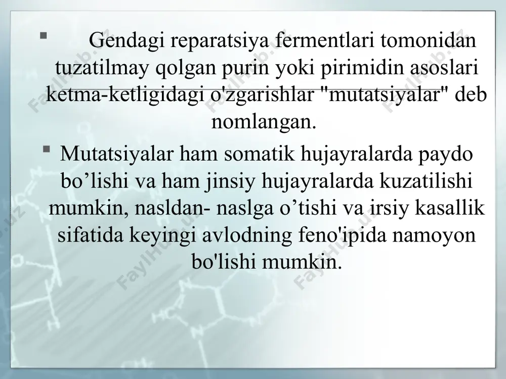 sinukleotid dnkga kelib qo'shiladi yoki chiqib ketsa, bunday mutatsiyalar o'zidan keyingi kodonlarining o'qilish tartibini buzmaydi. hosil bo'ladigan oqsil mahsulotida mutatsiya sohasiga mos joyda qaysidir bitta yoki bir nechta aminok­islotalar tushib qolgan bo'ladi yoki, aksincha, qo'shimcha bir yoki bir nechta aminokislotalar paydo bo'lib qoladi oqsillar polimorfizmi qon guruhlari xarakteristikasi eritro'sit antigcnlari yo'q a v ab genotip 00 aa yoki ao bb yoki b0 ab qon zardobidagi antitanachalar anti-a va anti-b anti-b anti-a yo'q qon guruhi 0(1) a (ii) v (iii) ab (iv) chastota (%) 45 40 10 5 hozirgi vaqtda hujayra o'limining 2 turi farqlanadi: nekroz va apoptoz. nekroz hujayra o'limining eng ko'p uchraydigan nospetsifik shakli bo'lib, hujayraning turli xil og'ir darajali shikastlanishi bi­lan bog'liq bo'lishi mumkin. apoptoz (yunonchadan olingan bo'lib, "xazonrezgi" degan ma'noni anglatadi) — bu hujayraning genetik dasturlashtirilgan va boshqariladigan o'limi bo'lib, hujayraning bo'laklarga parchalanishi bilan kechadi, organizm uchun destruktiv bo'lmagan ichki va tashqi signallar ta'sirida sodir bo'ladi. nekrozda …