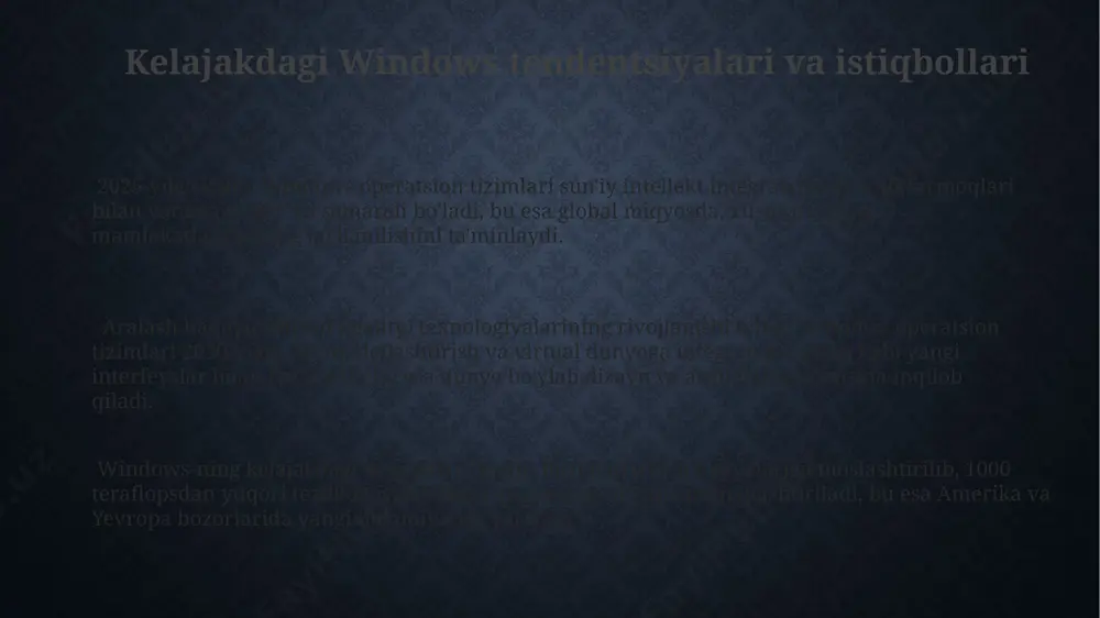 bo'ylab keng tarqaldi. windows xp, 2001-yilda chiqarilgan, microsoftning uzoq muddatli qo'llab-quvvatlangan operatsion tizimlaridan biri bo'lib, juda ko'p foydalanuvchilar tomonidan uzoq yillar davomida ishlatilgan va barqarorligi bilan mashhur bo'ldi. fayl boshqaruv tizimi va yangi imkoniyatlari yangi "fayllar" ilovasi, 1 tb dan ortiq hajmdagi bulutli saqlash joylarini qo'llab-quvvatlab, global miqyosda 200 dan ortiq mamlakatdagi foydalanuvchilarga qulaylik yaratadi. windows 11 ning yangilangan konteksli menyusi foydalanuvchilarga 5 marta tezroq fayllarni ochish va boshqarish imkoniyatini taqdim etib, yevropa mamlakatlaridagi samaradorlikni oshirdi. windows 11 fayl boshqaruv tizimida 70% gacha tezroq fayl izlash imkoniyati mavjud bo'lib, bu foydalanuvchilarga amerika qo'shma shtatlaridagi o'rtacha foydalanuvchiga qaraganda 3 marta tezroq natijalar olishga yordam beradi. o'yinlar va windows: yangi texnologiyalar va imkoniyatlar windows subsystem for linux (wsl) yordamida, linux-ga asoslangan 20 dan ortiq o'yinni windows 10 va 11 operatsion tizimlarida muammosiz ishlatish mumkin bo'ldi. microsoft game pass xizmati orqali 100 dan ortiq o'yinlarga 10 dollardan kamroq narxda kirish mumkin bo'ldi, bu …