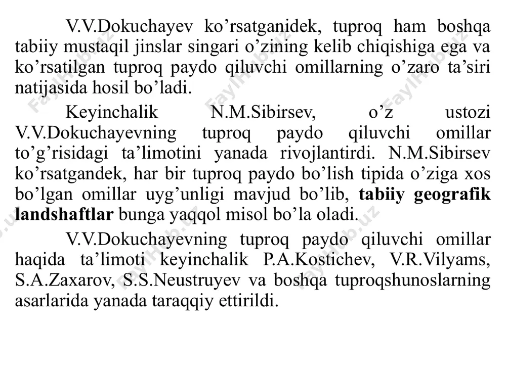 ynaydi. o’simlik va hayvonot olami. (biologik omil) tuproq paydo qiluvchi jarayonlarga ta’sir etuvchi eng qudratli omillardan biri – tirik organizmlar, ya’ni biologik omillar hisoblanadi. tuproq paydo bo’lishining boshlang’ich davri ham turli organizmlarning tuproq paydo qiluvchi ona jinslari (tog’ jinslari) ga ta’siri bilan bog’liq. tuproqdagi oziq kul elementlarining biologik aylanishida, tuproqni organik moddalar bilan ta’minlab turishida o’simliklar asosiy va yo’naltiruvchi omil hisoblanadi. tuproq paydo bo’lish jarayonlarida tuproqning turli gorizontlarida va uning yuza qismlarida yashovchi ko’p sonli umurtqali va umurtqasiz jonivorlar (faunalar) ning roli ham muhim ahamiyatga ega. o’lchamiga ko’ra tuproq faunasi 4 guruhga: mikrofauna -o’lchami 0,2 mm dan kichik (protozooalar, nematodalar, rizoidlar kabi tuproqda yashaydigan) jonivorlar; mezofauna -o’lchami – 0,2 dan 0,4 mm gacha bo’lgan (mikroartiroidlar, eng mayda hasharotlar, ba’zi chuvalchanglar) jonivorlar; makrofauna -o’lchami 4 dan 8 mm gacha bo’lgan tuproq chuvalchanglari, mollyuskalari, hasharotlar – chumolilar, termitlar; tuproq jonivorlari orasida ayniqsa umurtqasizlar yetakchi o’rinni egallaydi. bu jonivorlarning biomassasi umurtqalilarnikiga nisbatan deyarli …