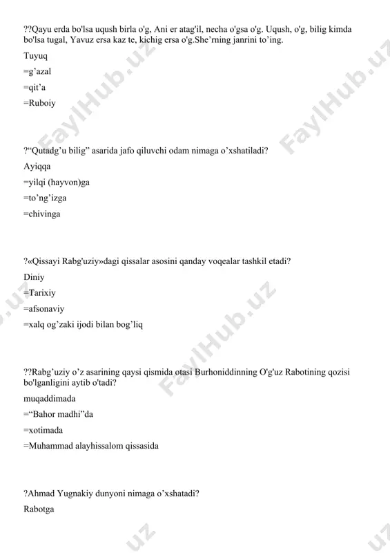n” ???ogahiy haqida aytilgan quyidagi fikrlarning muallifi kim?ulki, ogahlarning ogahidur,fazl-u donish sipehrining mahidur komil xorazmiy =feruz =ahmad tabibiy =nodira ?yorning vasli emas ozorsiz gulshan ichra gul topilmas xorsizdeb yozgan ijodkor kim? nodira =munis =ogahiy =amiriy ?ogahiyning tarjimonlik faoliyatiga mansub bo’lmagan asarni belgilang. “kalila va dimna” =“shoh va gado” =“qobusnoma” =“yusuf va zulayho” ?qaysi ijodkor devonida o’ttiz uch baytdan iborat g’azallar ham uchraydi? munis =ogahiy =amiriy =nodira ?navoiydan keyin mukammal devon tuzgan ijodkor kim? munis =amiriy =nodira =uvaysiy ??qaysi ijodkorda g’azal-chiston uchraydi? huvaydoda =mashrabda =so’fi olloyorda =munisda ??bobur lirikasida etakchi o'rin tutgan janrlarni ko'rsating g’azal, tuyuq, ruboiy. =madhiya, qasida, masnaviy =muxammas, bag’ishlov, qit'a. =mutassa', murabba', fard. ?“avesto” bo’yicha, mitraning makoni joylashgan cho’qqi qayer edi? xarati =xvara =xavara =xvanirata ?zardushtiylik dini ruhoniysi nima deb ataladi? mug’ =soqiy =pir =rohib ?zardushtiylikda e’tiqod duosi qanday ataladi? axuna varya =mazda yasht =mazda yasna =mitra yasht ?“avesto” bo’yicha, uzun qo’lli tanballik timsolini to’ing. bushyasta =ravan =mechkay …