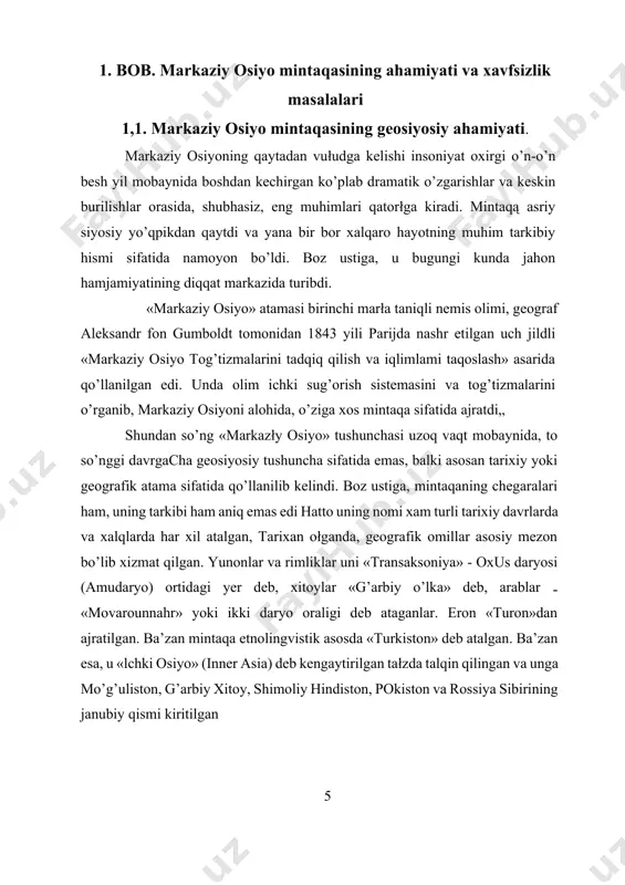 arqiy uzunlik) va sharqiy nuqatasi savir tog’larining etagidagi qora irtish daryosi vodiysida (85,6 sharqiy uzunlik) jopylashgan. shimold.an janubga 2200 va sharqdan g’arbga 2750 km ga yaqin masofaga cho’zilgan. uning umumiy maydoni 3300000 kv. atrofida. 1 caiïjoeb c.c. ocvëaai’vi reochécat 2005. b. 10, https;//uz.wikjpedia.org/wiki/markaziy_osiyo agarda markaziy osiyoning tabiiy geografik oi ika sifatida olinsa, uning hududida 4 ta respublika (cy7hekiston ‘turkmaniston, qirg’iziston, tojikiston) tô liq joylashgan. qozog’iston respublikasining manum qismi shu tabiiy — geografik o’lkadir. iqtisodiy geografik nuqtai nazardan 5 ta respublikani umumiy holda rta osiyo mamlakatlari deb bo@ltnaydi, shuning uchun ham sobiq ittifoq davrida o’rta osiyo va qozog’iston respublikalari deb nomlanar edi. istiqlol sharorati bilan mustaqil respublikalar tarixiy aloqalarni qayta tiklashga o’tdilar, ona zaminni, tabiiy sharoiti, uzoq tarixi, kelib chiqishi, ditai, urfodatlari, an@analari, maqsadlari rivojlanish imkoniyatlari, muommolari bir bo’lgan qozoq, o’zbek, qirg@iz, tojik, turkman, qaraqalpoq va boshqa halqlar yangi hayot qurishda va c/ zaro hamkorlik qilishga kirishdilar respublika raxbarlarining 1993 yil …