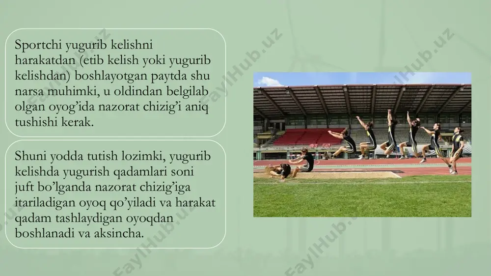 qadam tashlaydigan oyoq va qo’lning oldinga harakatlari bu a’zolar og’irligining harakat miqdorini sakrovchining butun tanasiga berishga yordam qiladi. depsinish oyoq kafti tayanchdan uzilgan paytda yakunlanadi, bunda tayanchning reaksiya kuchi juda ham kichik bo’ladi depsinish maqsadi – yugurib kelishning gorizontal tezligini sakrovchi tanasining vertikal uchib chiqish tezligiga o’tkazishdir, ya’ni tanaga boshlang’ich tezlik berishdir. depsinishning optimal burchagi 75o, optimal uchib chiqish burchagi esa 22o ni tashkil etadi. depsinish qancha tez bajarilsa, yugurib kelishning gorizontal tezligi shuncha kam yo’qotiladi, demak, sakrovchining uchish uzoqligi ortadi. sakrovchi tanasi depsinish joyidan uzilgandan so’ng uchish fazasi boshlanadi, bu yerda hamma harakatlar muvozanatni saqlashga va erga tushish uchun optimal sharoitlarni yaratishga qaratiladi. depsinish uomga harakat yo’nalishini beradi, bu yo’nalish sakrovchi tanasining boshlang’ich uchib chiqish tezligi kattaligi, uchib chiqish burchagi va uchib chiqish balandligi bilan aniqlanadi. jahonning etakchi sakrovchilari taxminan 9,4-9,8 m/s boshlang’ich tezlikka erishadilar. uomning ko’tarilish balandligi taxminan 50-70 sm ga teng. sakrashning uchish fazasi shartli ravishda uchta …