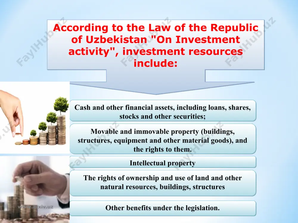 loans. www.arxiv.uz www.arxiv.uz it is necessary for the state to invest such kind of sectors and spheres as science, education, socio-cultural spheres, defense, providing internal security, objects of infrastructure, environmental projects, financing federal and territorial investment programs, etc. the main sources of state financing of investments are presented in following figure. www.arxiv.uz www.arxiv.uz www.arxiv.uz external sources: investments of foreign states investments of international organization private investments of non-residents repatriated capital internal sources: profit from state foreign economic relations sale of state bonds, state loans and other securities taxes, dues savings of population credits of the central bank accumulations of enterprises and organizations sources of the state investments www.arxiv.uz external sources: internal (own) sources: depreciation charges authorized capital net income reserved capital additional capital insurance of damages financial sources of enterprises borrowed facilities of enterprises: issuance of bonds, other debts of enterprise loans of the financial-credit institutes credits of the banks, …