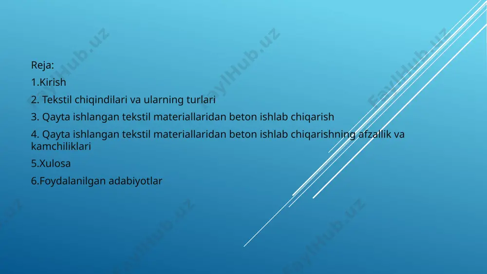 alash: chiqindilarni ifloslanishdan tozalash, ya'ni yuvish va ajratish. bu jarayonda matolar va boshqa modellar to'liq ajratilib, faqat soxta materiallar olib tashlanadi. mexanik qayta ishlash: tozalangan matolarni to'liq maydalash va zarrachalar hosil qilish. ushbu zarrachalar beton ishlab chiqarishda qo'llaniladi. kimyoviy qayta ishlash: ba'zi hollarda, matolarni kimyoviy usulda qayta ishlash, ularni yanada mustahkam va uzoq muddatli qilish uchun amalga oshiriladi. qayta ishlangan tekstil materiallaridan beton ishlab chiqarish qayta ishlangan tekstil chiqindilarini beton ishlab chiqarish jarayonida qo'llash, atrof-muhitni himoya qilishning samarali usullaridan biridir. bu jarayonda, tekstil chiqindilari, betonning asosiy tarkibiy qismlaridan biri bo'lgan agregatlar o'rnida ishlatiladi.. beton sifatini ta'minlash qayta ishlangan tekstil chiqindilari bilan ishlab chiqarilgan betonning sifatini ta'minlash uchun bir qancha tadqiqotlar olib borilgan. qayta ishlangan materiallar betonda foydalanishdan oldin ba'zi muhim xususiyatlarga e'tibor berish kerak: mukammallik: tekstil chiqindilari betonda to'g'ri o'rinlashishi va aralashishi kerak, aks holda betonning mustahkamligi va chidamliligi pasayadi. konsistensiya: betonning aralashmasi juda muhim, chunki ortiqcha suv yoki noto'g'ri …