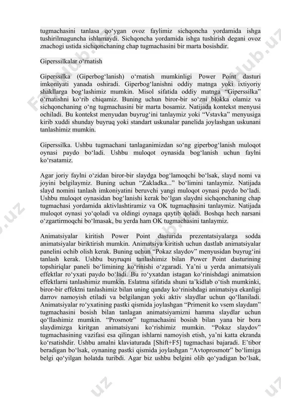 ‘tkazish kabi ishlarni bajarish tugmalari tushuniladi. bundan tashqari bu dasturda ham “vstavka” menyusida “risunok” bo‘limi joylashgan. ovoz yoki filmlar o‘rnatish. power point dasturining imkoniyatlaridan biri unda prezentatsiyalarga ovoz va filmlarni biriktirishdir. buning uchun “vstavka” menyusiga kiramiz va bu menyudan film i zvuk  bo‘limini tanlaymiz. natijada o‘ng tomonida yangi menyu ochiladi. bu menyuda quyidagi bo‘lim va buyruqlar joylashgan: rasmlar kolleksiyasidan film o‘rnatish; fayldan film o‘rnatish; rasmlar kolleksiyasidan ovoz o‘rnatish; fayldan ovoz o‘rnatish; kompakt diskka ovoz yozish; ovoz yozish. misol tariqasida fayldan ovoz o‘rnatishni ko‘rib chiqaylik. buning uchun film i zvuk bo‘limini tanlaymiz. natijada ovozli fayllarni qidirib topish muloqot oynasi paydo bo‘ladi. ushbu oynadan biror bir ovozli faylni tanlab “ok” tugmasini bosamiz. natijada so‘rov muloqot oynasi paydo bo‘ladi. agar ushbu so‘rov oynasidan “avtomaticheski” tugmachasini tanlasak qo‘yayotgan ovozli faylimiz namoyish boshlanishi bilan avtomatik tarzda ishlaydi. agar “po щelchku” tugmachasini tanlasa qo‘ygan ovoz faylimiz sichqoncha yordamida ishga tushirilmaguncha ishlamaydi. sichqoncha yordamida ishga tushirish …