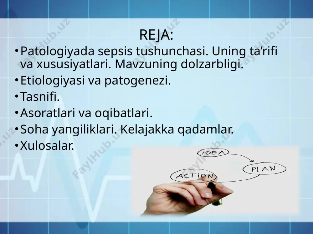 rning sepsisdan o’limi 4,5% ni tashkil qiladi. yevropada1,5-2% bolalarning o’limiga sabab aynan, sepsis deb hisoblanadi). sepsis etiologiyasi va patogenezi kasallik qo'zg'atuvchisi turli xil mikroorganizmlar - stafilokokklar, streptokokklar, ichak tayoqchasi, pnevmokokklar, meningokokklar, ko'k yiring tayoqchasi, klebsiella, protey, anaeroblar, zamburug'lar va virus. sepsisning avj olib borishi organizm ichki muhitiga mikroblar va ularning toksinlari o'tganiga bog'liq. sepsis gematogen yoki limfogen yo'l bilan tarqalib boradi, natijada limfangit, limfadenit yoki tromboz boshlanishi bilan birga davom etishi mumkin. keyinchalik metastatik ochoqlar ham paydo bo'lishi mumkin, asosan jarayon gematogen yo'l bilan tarqalib, bakteriemiya boshlanganida shunday hodisa ro'y beradi. sepsisning avj olib borishida immunitetning buzilishi va spetsifik himoya omillarining buzilishi muhim o'rinda turadi. ayni vaqtda: 1)leykositlar xemotaksisi susayib, neytrofillarning fagotsitar faolligi pasayib qoladi; 2) limfotsitlarning faolligi ham susayadi; 3) immun antitelolar ishlanib chiqishi kamayadi. sepsis patogenezi yiringli yallig’lanish o’chog’i immun sistemadagi zararlanish allergik holat yallig’lanish mediatorlarining massiv ajralishi(sitokinlar, proteazalar, prostoglandinlar va b.) yallig’lanish reaksiyalarining rivojlanishi umumiy reaktivlikning pasayishi(anemiya, …
