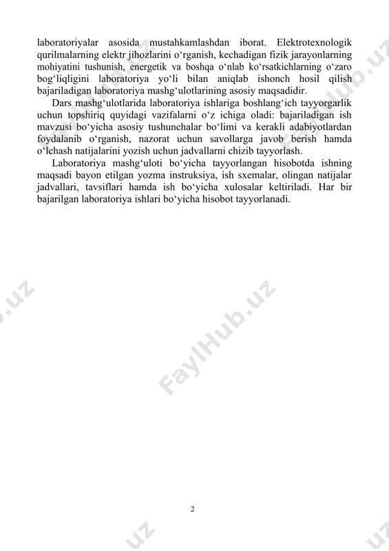 b hisoblanadi. bunga matlabning kengaytmasi simulink misol bo‘lishi mumkin. kompyuter texnologiyalari asosida uslubiy ko‘rsatmani yaratishdan maqsad sanoat korxonalarida qo‘llaniladigan elektrotexnologik qurilmalarning ishlash asoslari va ularda kechadigan turli jarayonlari to‘g‘risida talabalarning ma‘ruzalar davomida olgan nazariy bilimlarini 62 laboratoriyalar asosida mustahkamlashdan iborat. elektrotexnologik qurilmalarning elektr jihozlarini o‘rganish, kechadigan fizik jarayonlarning mohiyatini tushunish, energetik va boshqa o‘nlab ko‘rsatkichlarning o‘zaro bog‘liqligini laboratoriya yo‘li bilan aniqlab ishonch hosil qilish bajariladigan laboratoriya mashg‘ulotlarining asosiy maqsadidir. dars mashg‘ulotlarida laboratoriya ishlariga boshlang‘ich tayyorgarlik uchun topshiriq quyidagi vazifalarni o‘z ichiga oladi: bajariladigan ish mavzusi bo‘yicha asosiy tushunchalar bo‘limi va kerakli adabiyotlardan foydalanib o‘rganish, nazorat uchun savollarga javob berish hamda o‘lchash natijalarini yozish uchun jadvallarni chizib tayyorlash. laboratoriya mashg‘uloti bo‘yicha tayyorlangan hisobotda ishning maqsadi bayon etilgan yozma instruksiya, ish sxemalar, olingan natijalar jadvallari, tavsiflari hamda ish bo‘yicha xulosalar keltiriladi. har bir bajarilgan laboratoriya ishlari bo‘yicha hisobot tayyorlanadi. 1– lаbоrаtоriya ishi arduino mikrokontrollyori va arduino ide dasturi bilan tanishish 1. ishdan …