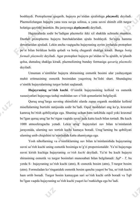 g bu qobiliyati ularning unib chiqishini ta’minlashda katta ahamiyatga ega. yosh nihollarning va o’simliklarning suv bilan ta’minlanishida hujayraning suvni so’rish kuchi uning osmotik bosimiga to’g’ri proporsionaldir. ya’ni hujayraga suvni kirish kuchiga hujayraning so’rish kuchi deyiladi. ya’ni bu kuch hujayra shirasining osmotik va turgor bosimlari munosabati bilan belgilanadi: sqp - t, bu yerda s– hujayraning so’rish kuchi (atm), r–osmotik bosim (atm), t-turgor bosim (atm). formuladan ko’ringanidek osmotik bosim qancha yuqori bo’lsa, so’rish kuchi ham ortib boradi. turgor bosim kamaygan sari so’rish kuchi ortib boradi va tq0 bo’lgan vaqtda hujayraning so’rish kuchi yuqori ko’rsatkichga ega bo’ladi. foydalanilgan asosiy adabiyotlar: 1. pleshkov b.p. bioximiya selskoxozyaystvennx rasteniy. m. “kolos” 1969 g. 2. lebedov s.i. fiziologiya rasteniy. m. 1988 g. 3. yakushkina n.i. fiziologiya rasteniy. m. 1980 g. 4.mustaqimov g.d. o’simliklar fiziologiyasi va mikrobiologiya asoslari. t. 1995 y. 4. xo’jaev j. x o’simliklar fiziologiyasi toshkent “mexnat” 2004 5. rubin b.a. kurs fiziologii rasteniy. m. 1976 …