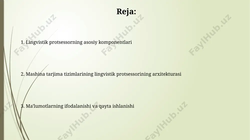 mashina tarjimon tizimlarida 5-10 yil ichida ko'p tilli, 100 dan ortiq tilni qo'llab-quvvatlovchi, bulutli texnologiyalar asosida ishlaydigan kvant hisoblash imkoniyatlaridan foydalanish keng qo'llaniladi. tarjima natijalarini baholash tarjima natijalarini baholashda, masalan, bleu skorlari (0-100 oralig'ida) kabi avtomatik metriklar, shuningdek, 5 ball shkalasi bo'yicha inson baholari, toshkentdagi til mutaxassislari tomonidan qo'llaniladi. 2023-yilda o'tkazilgan tadqiqotlar, ko'p tilga tarjima qilish tizimlarining samaradorligini baholashda, 500 dan ortiq jumla bo'yicha, avtomatik va qo'lda baholash usullarini solishtirishni ko'rsatdi. lug'at va til resurslari тошкентдаги илмий-тадқиқот маркази томонидан яратилган луғат ва тил ресурслари платформасида 3 та тил (ўзбек, рус, инглиз) учун 10 миллиондан ортиқ лексик бирлик мавжуд. луғат ва тил ресурслари, хусусан, ўзбек тили учун 50 000 дан ортиқ сўз ва ибораларни ўз ичига олган маълумотлар базасини самарқанд университетидаги тадқиқотчилар томонидан яратилган. e'tiboringiz uchun rahmat @taqdimot_robot image1.jpg image2.jpg image3.jpg image4.jpg image5.jpg image6.jpg image7.jpg