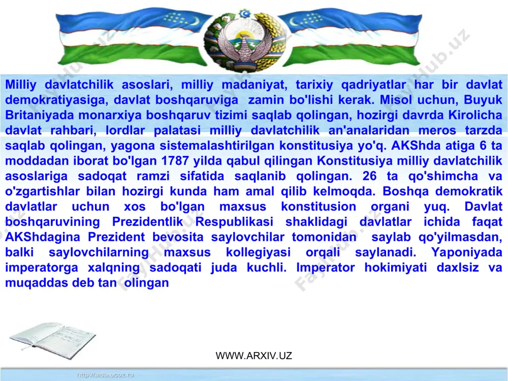 yosiy partiyalar va harakatlar ta'siridan holiligi. www.arxiv.uz www.arxiv.uz www.arxiv.uz www.arxiv.uz 1994 yil ma'naviy qadriyatlarni o'rganish va takomillashtirish borasida «ma'naviyat va ma'rifat» jamoatchilik markazini tuzish haqida prezident farmoni chiqdi. 1994 yilni «mirzo ulug`bek yili», 1996 yilni «amir temur yili», 1997 yilni «inson manfaatlari yili», 1998 yilni «oila yili», 1999 yilni «ayollar yili», 2000 yilni «sog'lom avlod yili», 2001 yilni «onalar va bolalar yili», 2002 yilni «qariyalarni qadrlash yili», 2003 yilni «obod ahalla yili», 2004 yilni «mehr-muruvvat yili», 2005 yilni «sihat-salomatlik yili», 2006 yilni «homiylar va shifokorlar yili», 2007 yilni «ijtimoiy himoya» yili deb e'lon qilinishi aslida madaniyatimiz, ma'naviyatimizni rivojlantirishga qaratilgandir. www.arxiv.uz www.arxiv.uz