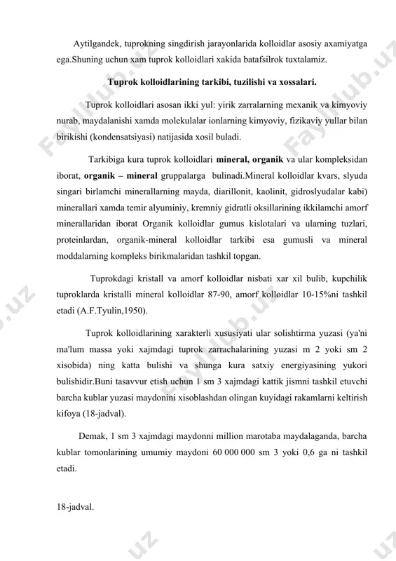 001 10.9 6000 0,0000001 10.81 60 000 000 tarkibiga kura 1 g moddadagi kolloidlarning solishtirma yuzasi 10-50 m 2 ni tashkil etadi.masalan, kumok tarkibli turli tuprokning gumusli katlamida kolloidlarning solishtirma yuzasi kuyidagicha uzgaradi (m 2/g). chimli podzol 29 urmon sur tusli tuproklari 33 kora tuproklar 48 demak, sersirindi kora tuproklari chimli podzol tuproklarga nisbatan kolloidlar satxi xam yukoridir. kolloidlarning solishtirma yuzasi tuprokning kimyoviy aktivligini belgilovchi sharoitlardan biridir.turli tuproklar singdirish kobiliyatining xususiyatlari, kupincha tuprok singdirish kompleksi (tsk), jumladan kolloidlarning tarkibi va tuzilishiga boglik. tuprok kolloidlarining tuzilishi. tuprok kolloidlari nixoyatda kichik ultramikroskopik zarracha-bulsa-da, juda murakkab tuzilgan. kolloidlar zarracha, ular yuzasidagi ionlar katlami bilan birga kolloid mitsella deyiladi (11 rasm). suvli muxitda mitsellalar kupincha bir-biridan eritma bilan ajralgan bulib, unga mitsella oraligi yoki intermitsellyar eritma deb yuritiladi. kimyoviy tarkibidan kat'iy nazar kolloid mitsella asosan uch kavatdan-yadro, ichki kavat va sirtki kavatdan iborat. kolloid mitsella asosini uning yadrosi tashkil etadi.yadro kimyoviy jixatdan murakkab birikma …