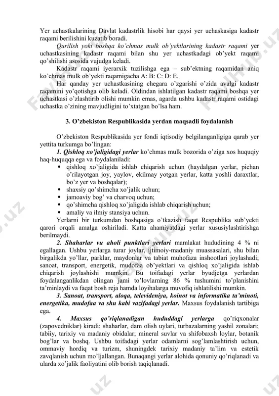 sifatida ko’chmas mulk ob’yektlari huquqi qatnashadi, shuningdek uning funksiyalashuvi uchun ko’chmas mulk ob’yektini yuridik hujjatlashtirish kerak. bu har bir ko’chmas mulk ob’yektiga davlat ro’yxatiga olish unga huquqi bilan kadastrlik hujjatlar yig’ma jildi yaratilishi kerakligini bildiradi. kadastrlik hujjatlar yig’ma jildi – hududlar va ularning joylashuvini boshqaruvchi tizimi, ro’yxatga olish manbalarida albatta yer uchastkasiga tegishli davlat hukumati organlari iqtisodiy faoliyat dalolatnomalari to’g’risidagi axborotlar bilan aks etgan holda. kadastrlik hujjatlar yig’ma jildi tarkibidagi hujjatlar, yer uchachtkasi haqidagi ma’lumotlar davlatning yagona yer reyestriga (ro’yxatiga) kiritilishi uchun asos bo’ladi. kadastrlik hujjatlar yig’ma jildi topogeodezik, iqtiqodiy, servitutlar va mulk ro’yxat titullaridan iborat. yer uchastkasi ijara shartnomasi kadastrlik hujjatlar yig’ma jildi asosida tuziladi. shunday qilib, ko’chmas mulkni ijaraga berish faqatgina ob’yektni yuridik hujjatlashtirilganidan so’ng mumkin. yer uchastkalari yer boshqaruv organlari yer kitobida va davlat yer kadastrida ro’yxatga olinadi. yer egasiga uchastkaning ro’yxatga olinganligi to’g’risidagi guvohnoma beriladi. yer uchastkasi haqidagi ma’lumotlar ro’yxatga olingandan so’ng davlat yer kadastrining qolipli …