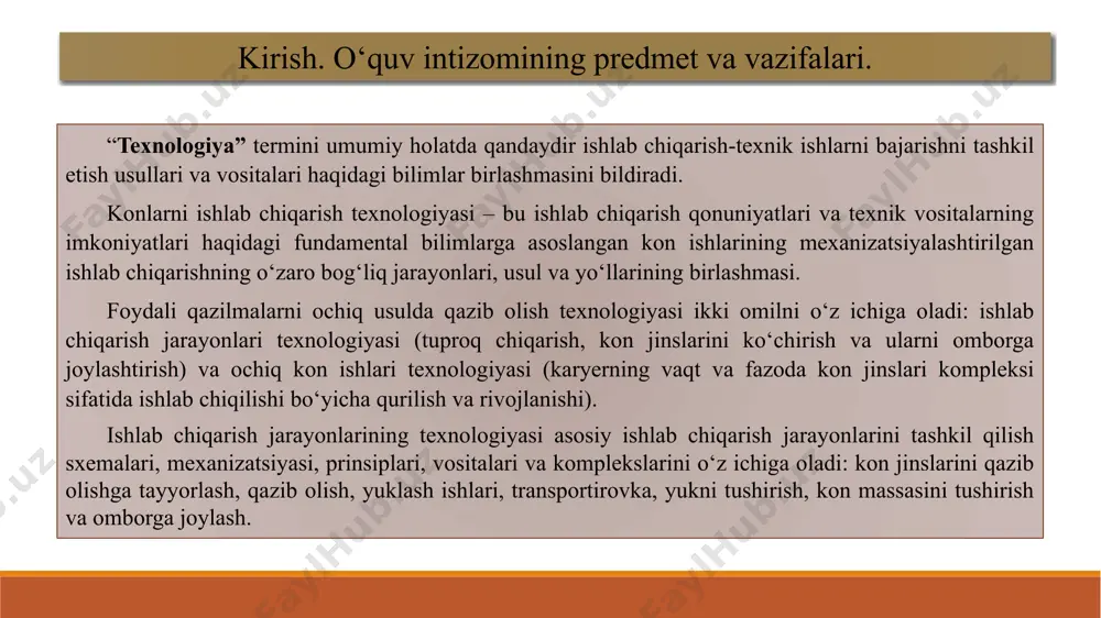 ravlik usulda turli qurilmalar gidromonitorlar yer so‘ruvchilar nasoslar (dragalar) suv nasoslari boshqa maxsus qurilma asosiy tushunchalar. terminologiya. ochiq kon ishlari olib borilganda karyerning yon sirti pog‘ona shakliga ega bo‘ladi. karyer, pog‘ona shakliga ega yon sirtining bir qismi pog‘ona deb ataladi (1.1 rasm). pog‘onani pastdan yoki tepadan chegaralaydigan sirt pog‘onaning yuqori yoki pastki maydonchasi deb ataladi. bu maydonchalar orasidagi vertikal masofa pog‘ona balandligi deb ataladi. pog‘onalar maydonchasi gorizontlar deb ataladi. karyerdagi har bir gorizont absolyut yoki shartli belgi bilan xarakterlanadi (masalan, +135 gorizont dengiz sathidan absolyut 135 m belgiga ega). transport yo‘llari joylashgan gorizont +135 transport (ishchi) gorizonti deb ataladi (1.2. rasm). pog‘ona karyerning asosiy texnologik elementlaridan biri hisoblanadi va qazi olinadigan massiv qalinligida uning yuqori belgilarini to‘g‘ri aniqlanishiga ishlab chiqarish jarayonlarining effektliligi darajasiga bog‘liq. qazib olinadigan massiv qalinligi bo‘linganida pog‘onalarni kon qurilmasining ishchi parametrlari sifatida, jinslarning fizik-mexanik xususiyatlarini, ularning yotish shartlarini, konning kon-metallurgik va iqlim sharoitlarini hisobga olish kerak. pog‘onaning …