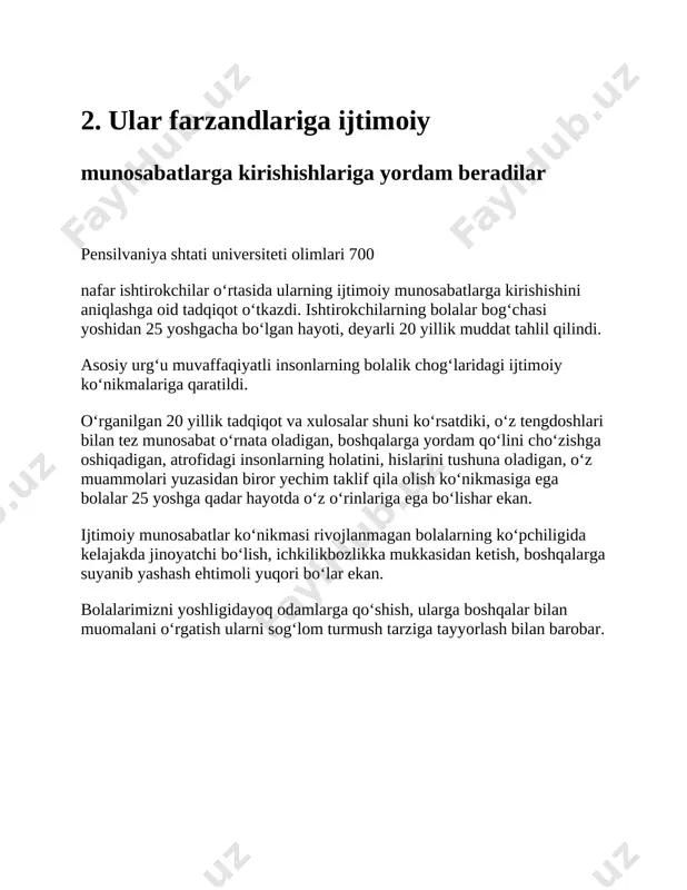 ‘rinlariga ega bo‘lishar ekan. ijtimoiy munosabatlar ko‘nikmasi rivojlanmagan bolalarning ko‘pchiligida kelajakda jinoyatchi bo‘lish, ichkilikbozlikka mukkasidan ketish, boshqalarga suyanib yashash ehtimoli yuqori bo‘lar ekan. bolalarimizni yoshligidayoq odamlarga qo‘shish, ularga boshqalar bilan muomalani o‘rgatish ularni sog‘lom turmush tarziga tayyorlash bilan barobar. 3. ular farzandlaridan yuqori natija umid qiladilar los-anjelesda joylashgan kaliforniya universiteti professori nil halfon 2001 yilda 6,600 nafar bolalar o‘rtasida so‘rov o‘tkazib, ota-onaning farzand kelajagi xususidagi o‘rnini aniqlashga ahd qildi. natijalar esa o‘z farzandiga katta umid bag‘ishlagan, buni farzandiga aytgan ota-onalar oxir-oqibat maqsadlariga yetishlarini ko‘rsatgan. o‘z farzandini kollejda yoki universitetda o‘qitish istagida bo‘lgan ota-ona yillar davomida buni farzandiga uqtirib keladi va farzandini bunga ruhan tayyorlaydi. so‘rovda ishtirok etgan, kollejda past baho bilan o‘qiydigan 57 foiz kollej o‘quvchilari ota-onalari bolalik chog‘larida kollej va ularning kelajagi haqida kam gapirganini, kollejda tahsil olish bilan bog‘liq oilaviy qarorni ham maktabni bitirishga yaqin chiqarganliklarin i aytishgan. a’lochi o‘quvchilarning 96 foizi esa ota-onalaridan bolalik chog‘laridanoq kollej va …
