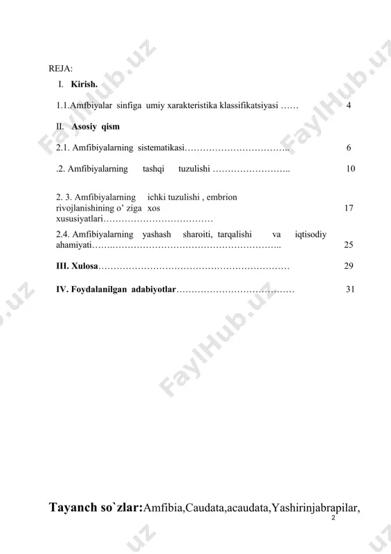 temalari va boshqa organlarining sodda tuzulganligi, lichinkasining yon chiziqlari , dumi, yuragining ikki kameradan , qon aylanish sistemasining bir doiradan iboratligi ularni quruqlikda yashovchi eng soda tuzulgan umurtqali hayvon ekanligini ko’rsatadi. ko’pchilik suvda hamda quruqlikda yashovchilarning hayoti voyaga yetgan davrida ham suv bilan bevosita bog’liq. aksariyat ko‘pchilik turlarini tuxumlari qattiq po‘st bilan qoplanmagan va faqat suvda rivojlanadi. lichinkalari (itbalig‘i) faqat suvda yashaydi. xayoti davomida ular o‘z boshidan metomarfoz davrini o‘tkazadi, ya’ni itbaliqdan quruqlikda yashaydigan xolga aylanadi. buning natijasida jabra yo‘qolib, uning o‘rniga o‘pka xosil bo‘ladi, oyoqlar rivojlanadi.lichinkalarida metamarfoz davridan keyin voyaga yetgan individga xos organlar paydo bo’ladi va quruqlikda ham yashayveradi. voyaga yetgan amfibiyalar uchun sharnir bo’g’inli juft oyoqlar xarakterlidir . bosh skeletining ensa qismida ikkita ensa bo’rtmasi bo’yin umurtqasi bilan harakatchan qo’shiladi. tanglay – kvadrat tog’ayi miyaquttisiga qo’shilib ketadi. bunday tipdagi bog’lanishga autositiliya deyiladi. tilosti yoyining ustki elementi hisoblangan giomandibulyare _ ostki suyak o’rta quloq bo’shlig’ida joylashgan uzangi suyagiga …