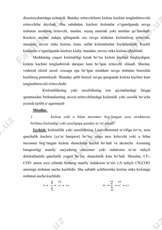 ak, kislotalilik quyidagi qatorda ortib boradi: cpirt mg2+ > na+ … kationlar metallmaslarga nicbatan quyidagi qatorda moyillik namoyon qiladi: f > o > n > >cl > br >i > s. б-синф. ag+ > cd2+ > au3+ > sn4+ … kationlar esa metallmaslarga nisbatan yuqoridagi qatorda teskari qatorda moyillik ko‘rsatadi: s > i > br > cl > n > o > f. a-sinfida barqaror birikmalar qutblanuvchanligi kam bo‘lgan elektromanfiyli katta bo‘lgan metallmaslar bilan hosil bo‘ladi. masalan, alf3, mgo, al2o3 … kabi birikmalar juda mustahkam va barqaror birikmalardir. b-sinfida esa aksincha, qarorli birikmalar elektromanfiyligi kichik, ammo qutblanuvchinligi katta bo‘lgan metallmaslar bilan hosil bo‘ladi. masalan, ag2s, agi, cdi2 va h.k. birikmalar juda barqaror birikmalardir. a-sinfidagi kislota va asoslar «qattiq», b-sinfidagi kislota va asoslar esa «yumshoq» kislota va asoslar deb ataladi. qoida. qattiq kislota bilan qattiq asos o‘rtasidagi reaksiya qattiq kislota bilan yumshoq asos o‘rtasidagi reaksiyaga nisbatan tezroq ketadi yoki qulay muvozanat …