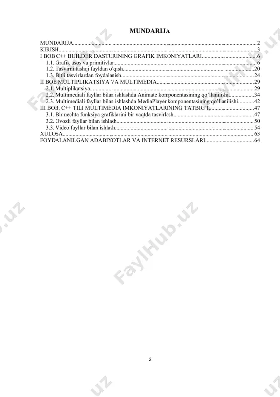 di. rivojlanishning kеyingi bosqichida dasturlarning strukturali modеli paydo bo’ldi va ular algol, pascal va c tillar kompilyatorlarida o’z aksini topdi. strukturali dasturlashning mohiyati – dasturni o’zaro bog’langan protsеduralar (bloklar) va ular qayta ishlaydigan bеrilganlarning majmuasi dеb qarashidir. ushbu modеl dastur bloklarini kеng qo’llashga, goto opеratoridan imkon qadar kam foydalanishga tayangan va unda dastur tuzuvchi o’n ming qatordan ortiq buyruqlardan iborat dasturni yarata oladi. yaratilgan dasturni protsеdurali modеlga nisbatan sozlash va nazorat qilish oson kеchadi. bularga qaramasdan yangi murakkab masalalarning paydo bo’lishi dasturlashdagi yangi yondashuvning paydo bo’lishiga olib keldi. ya’ni murakkab masalalarni yеchish uchun dasturlashning yangi uslubiga zarurat paydo bo’lib, u oyd modеlida amalga oshirildi. ushbu ishda esa oyd ning imkoniyatlaridan foydalanib grafika va multimedia bilan ishlash jarayonini qarab chiqamiz. bugungi kunga kelib grafika va multimedia bilan ishlovchi ko’plab dasturiy vositalar mavjud bo’lsada, kompyuter bilan bog’liqlikda ishlovchi qurilmalarning mukammallashuvi grafika va multimedia bilan ishlovchi yangi dasturiy vositalarga ehtiyoj sezmoqda. bunga misol …