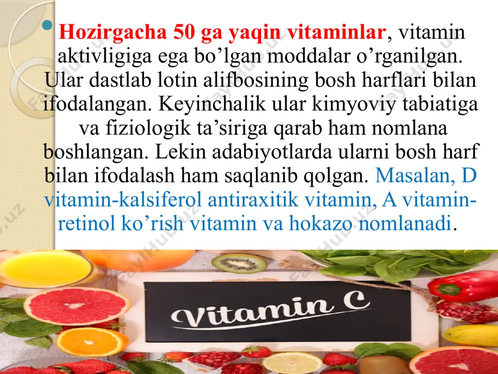 t, benzol, xloroform kabi organik erituvchilarda yaxshi eriydi. ular odatdagi sharoitda ancha beqaror bo’lib, oksidlovchilar va mineral kislotalar ta’sirida tezda parchalanib ketadi. organizmda d vitamini yetishmasa, birinchi navbatda, kalsiy va fosfor almashinuvi buziladi. natijada suyak to’qimasida kalsiy fosfat hosil bo’lish jarayoni buzilib, raxit kasalligi kelib chiqadi. bunda suyaklar nihoyatda yumshoq bo’lib, hatto gavda og’irligini ham ko’tara olmaydi. raxit bilan kasallangan bolalarda dastlabki tishlar chiqishi, ayniqsa, dentinning rivojlanishi kechikadi. shuningdek, u ichki sekretsiya bezlarining idora etilishida, xolesterin almashinuvida muhim rol o’ynaydi. o‘simlik mahsulotlarida vitamin dning miqdori ko‘p emas. hayvon mahsulotlaridan jigar, tovuq tuxumi, baliq, sut, sariyog‘da ko‘p bo’ladi. biroq organizmda uning asosiy qismi quyoshning ultrabinafsha nurlari ta’sirida sterollarning hosilalaridan vujudga keladi. d2 vitamini quyoshning ultrabinafsha nuri ta’sirida ergosterindan,d3 7-degidroxolesterindan hosil bo’ladi odam bahorda va kuzda serquyosh havoda uzoq vaqt bo’lganda unga ehtiyoj sezilmasligining boisi ham mana shunda.uning yana bir xususiyatlaridan yana biri jigar va yog’ to’qimasida zahira holda to’planishidir. undan organizm …