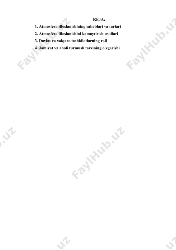 arishlari bilan bog'liq chora-tadbirlar ko'rib chiqiladi. 1. atmosfera ifloslanishining sabablari va turlari atmosfera ifloslanishiga olib keluvchi asosiy omillar, odamlar tomonidan yaratilgan va tabiiy manbalardan kelib chiqadigan bir qator turli xil faktorlardan iborat. bu omillar orasida sanoat, transport, qishloq xo'jaligi, energiya ishlab chiqarish va chiqindilarni yoqish kabi faoliyatlar eng katta ta'sirga ega. sanoat chiqindilari, xususan, kimyo, energetika, metallurgiya va neftni qayta ishlash sanoatlari atmosferaga bir qancha zararli moddalarni chiqaradi. ushbu korxonalar ishlab chiqarish jarayonlarida ifloslantiruvchi gazlar, kul, oksidlar, kislotali birikmalar, va boshqa kimyoviy moddalarni chiqarishadi. misol uchun, ko'mirni yoqishda yoki kimyoviy reaksiya jarayonlarida hosil bo'ladigan zararli gazlar havo sifatini yomonlashtiradi. transport sektori ham atmosfera ifloslanishining asosiy manbalaridan biridir. avtomobillar, avtobuslar, yuk mashinalari va boshqa transport vositalari ichki yonish dvigatellari orqali benzin yoki dizel yoqilg'isini ishlatib, azot oksidlari (nox), uglerod oksidlari (co), uglerod dioksidi (co2) va boshqa zaharli gazlarni chiqaradi. ushbu gazlar havo ifloslanishini oshirib, inson salomatligi uchun xavf tug'diradi. buning natijasida …
