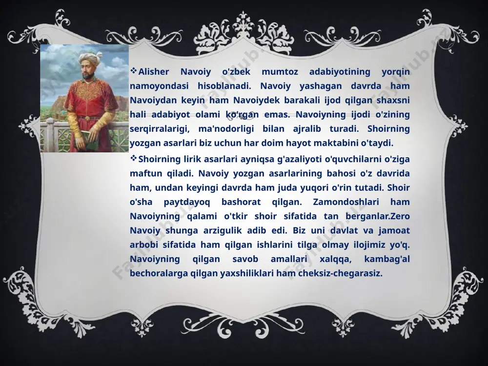 i uchun: 1- u besh dostondan tashkil topmog'i.2- birinchi doston albatta pand nasihat ruhidagi tarixiy, axloqiy, falsafiy bo'lmog‘i 3-dan husrav va shirin mojarolariga bag'ishlanmog'i.4- uchunchi doston layli va majnun muhabbatini mavzu qilib olmog'i 5- to'rtinchi doston baxrom, beshinchi doston iskandar haqida yozilmog'i shart edi. navoiy “xamsa”si xv asrdagi xalqimiz ma'naviy taraqqiyotining ko'zgusi bo'lib, unda o'sha davrning ijtimoiy turmushi, xalqning farovon urf-odatlari din-diyonat,axloq-odob haqidagi qarashlari o'z aksini topgan. masalan: “hayrat ul- abror” haqiqat, ishonch, ezgulik, sevgi va do’stlikni ulug’lovchifalsafiy asardir. unda o’sha davr uchun dolzarb axloqiy, tarbiyaviy, ijtimoiy, falsafiy fikrlar bayon etilgan. adolat, muruvvat, saxiylik, odob, kamtarlik, qanoat, insof, ishq-vafo, rostgo’ylik, do’stlik, o’zaro yordam va boshqa ajoyib fazilatlar, oddiy mehnatkashning jamiyatdagi o’rni ifodalangan. ana shu olijanob fazilatlar ta’rifida alohida-alohida hikoyalar berilgan navoiyning falsafiy dunyoqarashi navoiyning didaktikaga oid eng muhim asari “mahbub ul-qulub”dir. kitob uch qismdan iborat. birinchi qismda jamiyatning turli tabaqalari to’g’risida, ikkinchi qismida axloq va olijanob fazilatlar to’g’risida so’z yuritiladi. …
