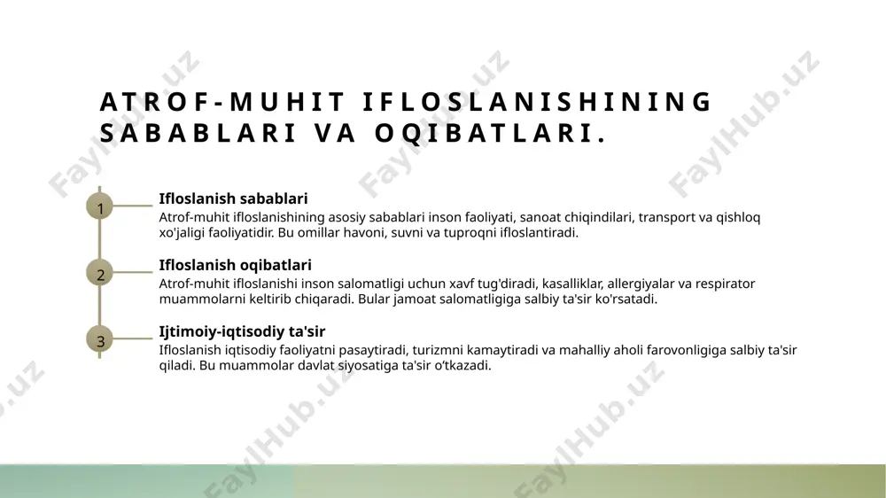 di. 3 jamoatchilik ishtiroki jamoatchilikning ekologik siyosat jarayonlarida ishtiroki, havo sifatini yaxshilashga qaratilgan tashabbuslarni qo'llab-quvvatlashda muhim ahamiyatga ega. ekologik siyosatning asosiy tamoyillari va maqsadlari. 01 ekologik siyosatning ahamiyati ekologik siyosat, atrof-muhitni himoya qilish va barqaror rivojlanishni ta'minlashda muhim rol o'ynaydi, inson salomatligi uchun xavflarni kamaytiradi. 02 qonunchilik va normalar ekologik siyosat doirasida qonunlar va normalar ishlab chiqiladi, bu esa ifloslanishning oldini olish va ekologik muvozanatni tiklashga yordam beradi. 03 barqaror rivojlanish ekologik siyosat barqaror rivojlanishni ta'minlashga qaratilgan bo'lib, iqtisodiy o'sishni atrof-muhitga zarar yetkazmasdan amalga oshirishni nazarda tutadi. 04 ijtimoiy ta'sir ekologik siyosat ijtimoiy ta'sirni oshiradi, jamiyatni atrof-muhit muammolari haqida xabardor qiladi va barqarorlikka erishishda faol ishtirok etishga undaydi. ekologik siyosat va uning ijtimoiy-iqtisodiy ta'siri. 01 ekologik siyosatning maqsadlari ekologik siyosat, atrof-muhitni muhofaza qilish va barqaror rivojlanishni ta'minlash maqsadida ishlab chiqiladi, bu esa ijtimoiy va iqtisodiy barqarorlikni oshiradi. 02 ijtimoiy ta'sir ekologik siyosat, sog'liqni saqlash, ta'lim va ijtimoiy adolatni yaxshilash orqali …