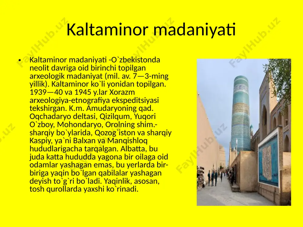 n qurila boshlangan va 1855 yil shimoliy eronga yurish paytida xonning o‘ldirilishi va abdullaxonning taxtga o‘tirishi bilan qurilish ishlari to‘xtab qolgan. lekin uning balandligi yana 70 metrga qad rostlashi kerak edi. ba'zi bir manbalarda 110 metrga yetkazilishi qayd etilgan. me'mor rejasiga ko‘ra, faqat kengligini mustahkamlab, balandligi kuchli toraytirilgan. ammo bu minoraning qurilishi oxiriga yetkazilmagan u xuddi bahaybat sirli bochkaga o‘xshab qolgan. shunga ko‘ra unga "kalta minora" deb nom berilgan. zamonbobo madaniyati evrosiyo xududidagi chorvador-dexkonlarning ilk madaniyati xisoblanadi. zarafshondan topib urganilgan kabriston va makondan iborat bulib, uni ya. gulomov, kuzmina, latinin, askarov kabi olimlar urganganlar. zamonbobo madaniyatiga yirik ertulalar, asosan kulda yasalgan nakshsiz kosalar va yassi sopol idishlar, bronza kurollar va katakomba tipidagi kabristonlar xosdir. zamonbobo madaniyatini sunggi namozgox iv va nomozgox v davri bilan belgilash mumkin. uning xronologiyasi miloddan avvalgi iii ming ii ming yillar bilan belgilanadi. zamonbobo kulining shimol tomonida kabriston va uncha uzok bulmagan joyda esa makon topib …