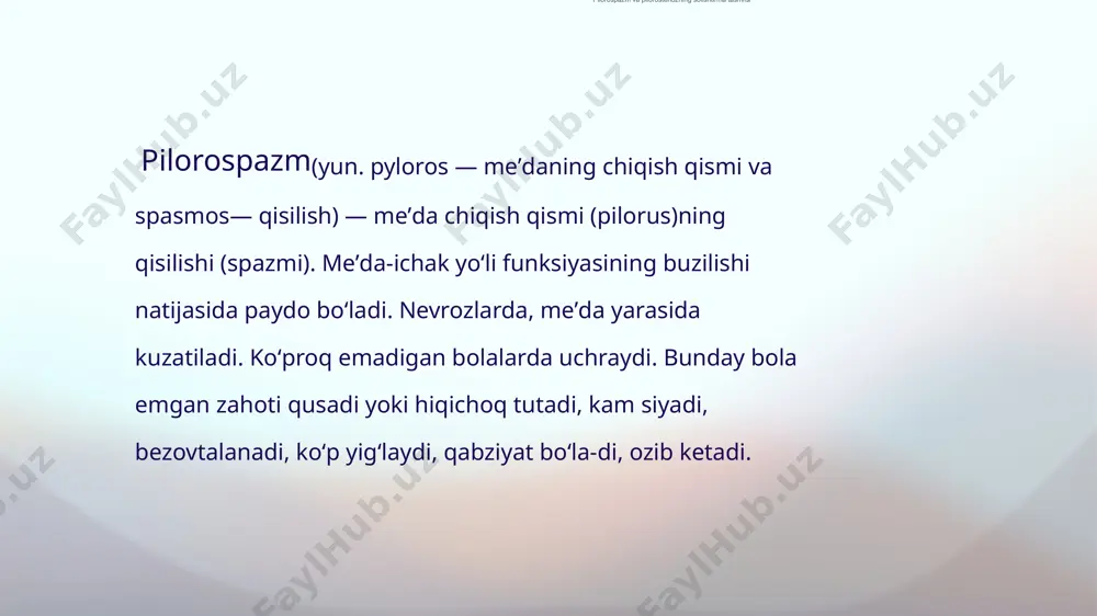 sulfuriti- 0,1%-xxgt. mds. ovqatlanishdan oldin kuniga 3 marta bir choy qoshiqda. pilorostenoz etiologiyasi hozirgi vaqtda ko'pchilik pediatrlar va bolalar jarrohlari pilorostenozni oshqozon bo'yi mushak qatlamining tug ma qalinlashishi. pilorospazmni esa organik stenozsiz oshqozon bo ynining funksional spazmiga asoslangan mustaqil kasallik deb hisoblashadi. bazan ular birgalikda yuzaga kelishi mumkin. oshqozonda to'plangan oziq-ovqat bola tomonidan qusish bilan chiqariladi. klinik manzarasim pilorostenozning asosiy belgilari: qusish, ozib ketish. umumiy holatning keskin yomonlashishi. kasallik ikki-uch haftalik yoshda paydo bo'ladi. deyarli har bir bolani oziqlantirishdan keyin qusish sodir bo'ladi. qusuq katta kuch bilan "favvora" shaklida tashqariga chiqariladi. klinik manzarasi oshqozon shirasining haddan tashqari sckresiyasi va oshqozon tarkibini evakuasiya qilish kechiktirilgani tufayli qusish miqdori ba'zan bolaning bir oziqlantirishda gabul qilgan ovqat miqdoridan oshib ketadi. birinchi kunlardan boshlab vazn tez kamayadi. ich qotishi qayd ctiladi. najas rangi normal yoki to'q yashil rangga ega. pilorostenozning doimiy alomati bo'lib, siydik chiqarish soni va siydik miqdorining kamayishi hisoblanadi. ob'ektiv tekshiruvda oshqozonning …
