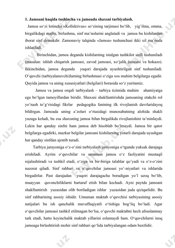 qsadning, pedagoglar bilan o‘quvchilarning birgalikdagi har tomonlama sobitqadam faoliyatining, o‘zaro ma’suliyatli munosabatlarning mavjudligi: o‘z-o‘zini boshqarish organlarining faoliyati va h.k. bolalarning jamoa turkum normalari va qoidalarining, intizomning buzilishga munosabatlarini kuzatib, jamoasining tashkilot tuzil ta’sirchanligiga ishonch hosil qilish mumkin. jamoa va uni shakllantirish pedagogik faoliyatining maqsadi hisoblanadi. ayni ko‘rsatgich, uni shakllantirish vositasi bo‘lib, uning yordamida jamoaning barcha yoki har bir a’zosini tarbiyalar yaxshi samaralar beradi. jamoaning etakchi tarbiyaviy vazifasi shaxsni har tomonlama tarbiyalash, unda ijobiy sifatlarni hosil qilish. mustaham xayotio’ jarayonni qaror topshirishdan iboratdir. umumiy o‘rta ta’lim hamda yangi turdagi ta’lim muassasalarida jamoani shakllantirish ma’suliyatli vazifa sanaladi.jamoani tashkil etganda o‘quvchilar muhitida mavjud bo‘lgan haqiqiy sinflarni to’plab, bir-biriga va o‘zaro do‘stlashadigan bolalarni birlashtirish zarur. birgalikdagi faoliyat umumjamiyat ishi uchun ma’suliyat xissini uyg‘ota borib, jamoa a’zolarini bir-biriga yaginlashtiradi, jamoa mansublik hissini paydo bo‘lishiga ko‘maklashadi, jamoa bilan munosabatda bo‘lish ehtiyojini oshiradi. jamoa a’zolari orasida yaginlik, hissiy birlik (bir-birini yoqtirish) yuzaga keladi. ushbu munosabat ko’pincha pedagogik …