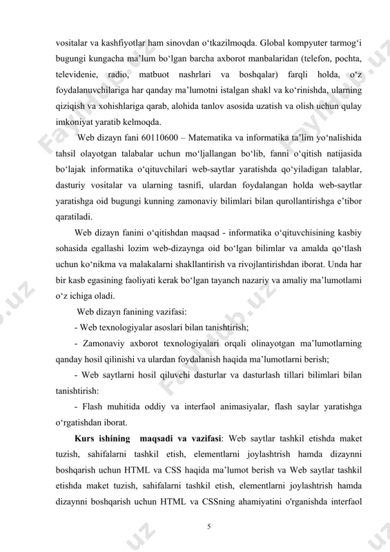 htmldagi istalgan harakat teglar bilan aniqlanadi. bitta teg (chap) harakatning bosh qismida, ikkinchisi esa, (o’ng) oxirida turadi. bunda teglar « » ishoralar bilan yonma-yon turadi. yolg’iz o’zi ishlatiladigan teglar ham mavjud. 2 - qoida. brauzer darchasidagi burchakli qavs ichiga joylashtirilgan istagan teg yoki boshqa instruktsiya tashqariga chiqarilmaydi va html–fayl uchun ichki buyruq hisoblanadi demak, www sistemasidan qandaydir hujjat yoki xabar olsangiz, ekranda yaxshi formatlangan, o`qish uchun qulay matn paydo bo`lganini ko`rasiz. bu shuni anglatadiki, www hujjatlarida qandaydir ma'lumotlarni ekranda boshqarish imkoniyati ham mavjud. hujjatlar tayyor, siz foydalanuvchiningqaysi kompyuterda ishlashini bilmaysiz, hujjatlar aniq bir kompyuter platformalariga mo`ljallangan yoki qaysidir format bilan saqlanishini oldindan ayta olmaysiz. kompyuterda ishlayotgan foydalanuvchi qaysi terminalda ishlashidan qat'iy nazar, yaxshi formatlangan hujjatni olish kerak. bu muammoni html andoza tili hal qiladi. html (hyper text markup language - gipermatn belgilash tili). www sistemasi uchun hujjat tayyorlashda ishlatiladi. html hujjatning tuzilishini ifodalovchi uncha murakkab bo`lmagan buyruqlar majmuidan iborat. html …