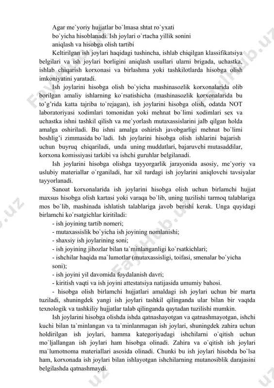 xizmat ko`rsatish zonasi bo`yicha, qorovullar, garderobchilar, kassirlar, kioskerlar, dispecherlar va boshqalar ish joyi postlari bo`yicha hisob olib boriladi. rahbar xodimlarning shuningdek, mutaxassislar va xizmatchilar ish joylari soni ish hajmi va o`rnatilgan me`yoriy hujjatlar asosida aniqlanadi. agar me`yoriy hujjatlar bo`lmasa shtat ro`yxati bo`yicha hisoblanadi. ish joylari o`rtacha yillik sonini aniqlash va hisobga olish tartibi keltirilgan ish joylari haqidagi tushincha, ishlab chiqilgan klassifikatsiya belgilari va ish joylari borligini aniqlash usullari ularni brigada, uchastka, ishlab chiqarish korxonasi va birlashma yoki tashkilotlarda hisobga olish imkoniyatini yaratadi. ish joylarini hisobga olish bo`yicha mashinasozlik korxonalarida olib borilgan amaliy ishlarning ko`rsatishicha (mashinasozlik korxonalarida bu to’g’rida katta tajriba to`rejagan), ish joylarini hisobga olish, odatda not laboratoriyasi xodimlari tomonidan yoki mehnat bo`limi xodimlari sex va uchastka ishni tashkil qilish va me`yorlash mutaxassislarini jalb qilgan holda amalga oshiriladi. bu ishni amalga oshirish javobgarligi mehnat bo`limi boshlig’i zimmasida bo`ladi. ish joylarini hisobga olish ishlarini bajarish uchun buyruq chiqariladi, unda uning muddatlari, …