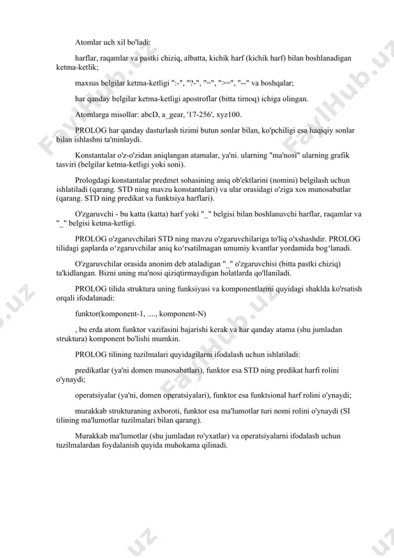 mkonini beradigan ma'noda birlashtirilgan. prolog tilining asosiy sintaktik konstruktsiyalari. prolog tilining gaplari (jumlalari) atamalardan tuzilgan. termin yoki doimiy, yoki o'zgaruvchi yoki tuzilishi. eslatma. e'tibor bering, prologdagi atama tushunchasi stddagidan farq qiladi. doimiy - bu yoki atom, yoki raqam. atomlar uch xil bo'ladi: harflar, raqamlar va pastki chiziq, albatta, kichik harf (kichik harf) bilan boshlanadigan ketma-ketlik; maxsus belgilar ketma-ketligi ":-", "?-", "=", ">=", "--" va boshqalar; har qanday belgilar ketma-ketligi apostroflar (bitta tirnoq) ichiga olingan. atomlarga misollar: abcd, a_gear, '17-256', xyz100. prolog har qanday dasturlash tizimi butun sonlar bilan, ko'pchiligi esa haqiqiy sonlar bilan ishlashni ta'minlaydi. konstantalar o'z-o'zidan aniqlangan atamalar, ya'ni. ularning "ma'nosi" ularning grafik tasviri (belgilar ketma-ketligi yoki soni). prologdagi konstantalar predmet sohasining aniq ob'ektlarini (nomini) belgilash uchun ishlatiladi (qarang. std ning mavzu konstantalari) va ular orasidagi o'ziga xos munosabatlar (qarang. std ning predikat va funktsiya harflari). o'zgaruvchi - bu katta (katta) harf yoki "_" belgisi bilan boshlanuvchi harflar, raqamlar …