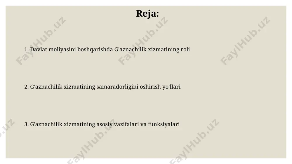 acha qarz yukini kamaytirish va 15% gacha foiz stavkalarini pasaytirishga qaratilgan chora-tadbirlarni amalga oshiradi. davlat byudjetidan mablag’larni taqsimlash va nazorat qilishda g’aznachilik xizmati 100 dan ortiq turdagi operatsiyalarni amalga oshirib, 30% gacha byudjet xarajatlarining samaradorligini oshiradi. pul-kredit siyosatiga ta'siri xazinachilikning valyuta rezervlarini boshqarishdagi faoliyati milliy valyutaning kursini barqarorlashtirishga va shuningdek, inflyatsiya darajasini 2-3% oralig'ida ushlab turishga hissa qo'shadi. xazinachilikning davlat qarzini boshqarishdagi roli, ya'ni 5-10 yillik davr uchun qarz majburiyatlarini rejalashtirish, pul-kredit siyosatining uzoq muddatli prognozlashuvchanligini oshiradi. g'aznachilik xizmatining tashkiliy tuzilmasi va faoliyati g'aznachilik xizmati 100 dan ortiq xodimlarni o'z ichiga oladi, ularning 70%i moliya va iqtisodiyot sohasida oliy ma'lumotga ega mutaxassislar hisoblanadi. davlat xazinasining yillik operatsiyalari hajmi o'rtacha 50 trillion so'mni tashkil etadi va bu jarayonlarni avtomatlashtirish darajasi 85% ni tashkil qiladi. e'tiboringiz uchun rahmat @taqdimot_robot image3.jpg image4.jpg image5.jpg image6.jpg image7.jpg image8.jpg image9.jpg
