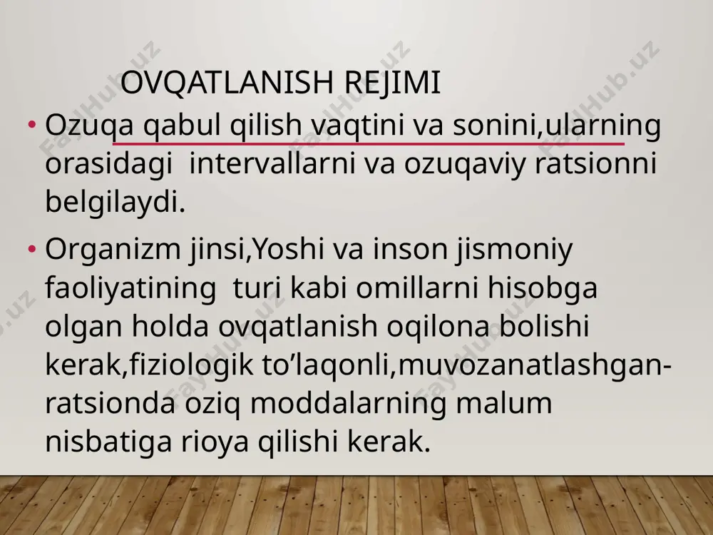 и. туз кунига 1-5 грамдан ошмаслиги лозим. нон, балиқ, парранда гўшти, турли макарон, қуён гўшти тавсия этилади. нордон ва аччиқ мева-сабзавотлар, тухум, шакар, шўр, сут маҳсулотлари, дуккакли маҳсулотларни ейиш зарарли. ортиқча вазнда 8-сонли парҳез столи буюрилади. қора нон, ёғсиз қайнатилган гўштлар, гречкали бўтқа, сабзавотлар, мевалар, сут ва сут маҳсулотлари (ёғсизлантирилган) тавсия этилади. ширин мевалар, зираворлар, ёғли маҳсулотлар тавсия этилмайди. 9-сонли парҳез столи қандли диабетда буюрилади. рационда углевод ва холестерин чекланган бўлиши зарур. қора нон, сабзавотларга бой шўрвалар, ёғсиз балиқ ва мол гўштини истеъмол қилиш мумкин. манний ёрмаси, макарон, мандарин, ширинликлар, ширин мевалар, гуруч, тухум, сабзи, картошка, қизил лавлаги, асал, (кам миқдорда) тавсия этилади. 10-сонли парҳез столи юрак-қон томир касалликларида буюрилади. бунда туз, ҳайвон ёғлари, холестерин чекланади. кўпроқ мева-сабзавотлар, туршак, балиқ (лаққа), қора узум, анжир, ўрик, кўк олма, сули, тариқ, гречиха ёрмасидан бўтқалар истеъмол қилишни беморга тавсия қилинади. ёғли гўштлар, хамир, балиқ увилдириғи, спиртли ичимликлар, консервалар, кофе, от гўшти, калорияси кучли …