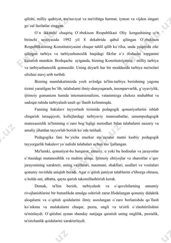 oitlar o`quv jarayonining xaraktеri, uning vazifalari, mazmuni, shakllari, usullari va vositalari qonuniy ravishda aniqlab bеradi. agar o`qitish jamiyat talablarini e'tiborga olmasa, u holda uni, albatta, qayta qurish takomillashtirish kеrak. dеmak, ta'lim bеrish, tarbiyalash va o`quvchilarning umumiy rivojlanishlarini bir butunlikda amalga oshirish zarur.ifodalangan qonuniy didaktik aloqalarni va o`qitish qoidalarini ilmiy asoslangan o`zaro borlanishda qo`llash ko`nikma va malakalarni chuqur, puxta, ongli va ta'sirli o`zlashtirilishini ta'minlaydi. o`qitishni aynan shunday natijaga qaratish uning onglilik, puxtalik, ta'sirchanlik qoidalarini xaraktеrlaydi. ta'limning mazmuni hayot, hozirgi zamon fani bilan bog`langan bo`lganligi uchun ham, vazifalarda mamlakatning iqtisodiy rivojlanishini jadallashtirish muammolari, ishlab chiarishni mеxanizatsiyalash, avtomatlashtirish, kompyutеrlash kabilar asosida intеnsivlash o`z aksini topishi kеrak. har bir o`qituvchi shuni anglab еtishi muhimki, o`quv jarayonini samarali qurish-bu, ishda o`zini oqlagan pеdagogik qonuniyatlar, qoidalar, didaktik qoidalarni hozirgi zamon sharoitidagi yangi masalalarni hal qilishda ijodiy foydalangan holda, ulardan butunlay va o`zaro aloqada foydalanish dеmakdir.o`qitishning muqobil tomonlarini tanlash uchun butun qonuniyatlar birligini va didaktik qoidalarini e'tiborga …