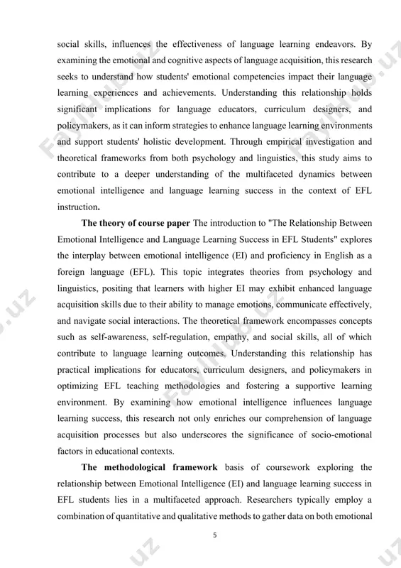 correlations and trends. meanwhile, qualitative techniques such as interviews or case studies delve deeper into individual experiences, providing rich contextual insights into the emotional factors influencing language acquisition. by integrating these methodologies, researchers aim to comprehensively understand how emotional intelligence impacts language learning outcomes, informing pedagogical practices and interventions tailored to enhance both emotional regulation and linguistic proficiency among efl students. chapter i the relationship between emotional intelligence and language learning success 1.1 emotional intelligence: definition and components emotional intelligence (ei) refers to the ability to recognize, understand, manage, and express emotions effectively, both in oneself and in others. it encompasses a range of skills and competencies that enable individuals to navigate social interactions, cope with challenges, and build healthy relationships. ei has gained significant attention in psychology, education, workplace management, and personal development due to its profound impact on various aspects of life. at its core, emotional intelligence emphasizes …