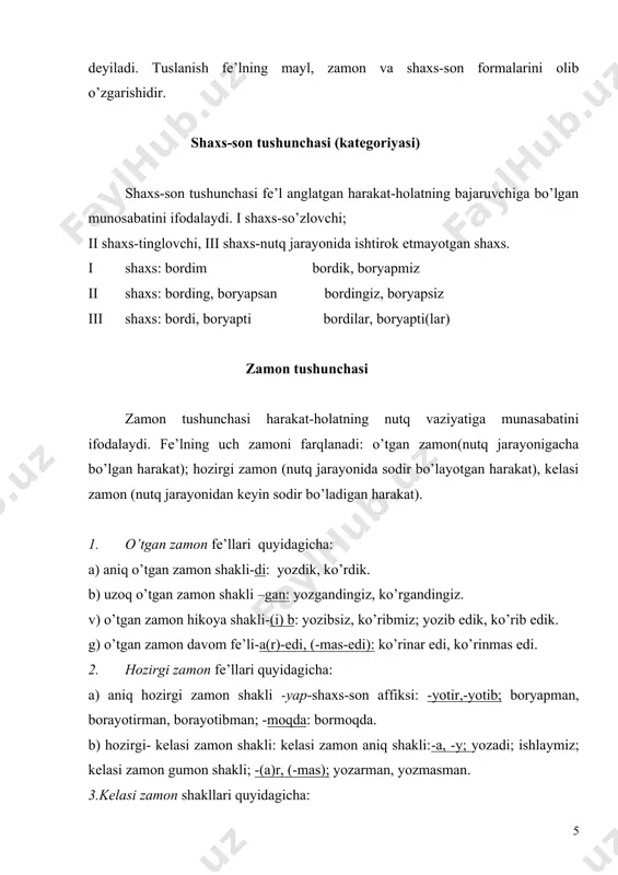 ifatida qo’llanadigan) fe’l yo’q. mustaqil fe’llar ko’makchi vazifasida ham qo’llanadi. ko’makchi fe’l bog’lanib kelgan fe’l etakchi fe’l deyiladi: gapirib (etakchi) bermoq (ko’makchi). ko’makchi fe’llar etakchi fe’lga asosan -i (b),-a,-y ravishdosh qo’shimchalari yordamida birikadi. ko’makchi fe’l etakchi fe’lga ravishdosh orqali birikkanda, tuslovchi qo’shimchalar ko’makchi fe’lga qo’shiladi: yozib oldik. etakchi fe’lga ko’makchi fe’l grammatik shaklsiz (qo’shimchasiz) birikishi ham mumkin: yozdi-oldi, aytdi-qo’ydi. boshla ko’makchi fe’li deyarli barcha fe’llar bilan qo’llana oladi. v) fe’l va fe’l bo’lmagan so’zlar bilan qo’llanib, turli ma’nolar ifodalovchi, yordamchi vazifalarda qo’llanuvchi edi, ekan, emish (emas, esa) yordamchi fe’llari to’liqsiz fe’l hisoblanadi. fe’llar o’timli va o’timsiz bo’ladi. o’timli (ob’ektli) fe’llar ish-harakatning biror ob’ektga o’tganligini bildiradi va tushum kelishigidagi so’zni boshqaradi: ber (qalamni), o’rgan (hunarni), yoz (qoidani). o’timsiz (ob’ektsiz) fe’llar bunday xususiyatga ega bo’lmaydi: kul, yugur, qayt. orttirma nisbat qo’shimchalari o’timsiz fe’lni o’timli fe’lga aylantiradi: kuldir, yugurtir, qaytar. fe’l nisbatlari (darajalari). ish-harakatning sub’ekt (bajaruvchi) va ob’ekt (bajarilayotgan narsa)ga munosabati fe’l nisbatlari …