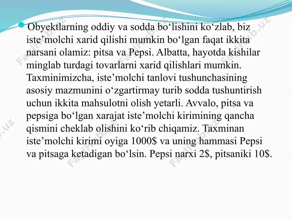 ng qoniqib bo‘lgan mahsulotlaridan voz kechishiga sababch bo‘la oladi egiluvchan befarqlik egri chiziqlari befarqlik egri chizig‘i odatda ichkariga qayrilgan bo’ladi. bunday shakl shuni nazarda tutadiki, chekli almashtirish normasi (mrs) iste’molchi ehtiyoji bo’lgan ikkita tovarning miqdori bilan bog‘liq bo’ladi. a nuqtada iste’molchi kamroq pitsa va ko’proq pepsi iste’mol qiladi. befarqlik egri chizig`i ikki eng yirik namunasi. befarqlik egri chizig`i bizga iste’molchining bir tovarni ikkinchi biriga alishtirmaslik xohishi haqida “ma’lumot beradi”. bir mahsulot or’nini boshqasi bosa olsa, befarqlik egri chizig`ini tanlash osonlashadi, aks holat bo‘lsa, aksincha, qiyinlashadi. buning to‘g‘riligini ko‘rish uchun, bir holni ko‘rib chiqamiz. mutloq o‘rin bosuvchilar: qachonki ikkita tovar xuddi 5 sentlik tanga bilan 10 sentlik tanga kabi bir-birining o’rnini oson egallasa, befarqlik egri chizig‘i to’g‘ri chiziq bo’ladi (a). mutloq bir-birini to‘ldiruvchilar: tasavvur qiling, kimdir sizga oyoq kiyimlar to‘plamini tavsiya etdi. ularning ba’zilari oyog‘ingizga mos tushdi, ba’zilari esa yo‘q. siz ularni qanday baholar edingiz? bu vaziyatda siz, albatta, o‘lchami mos …